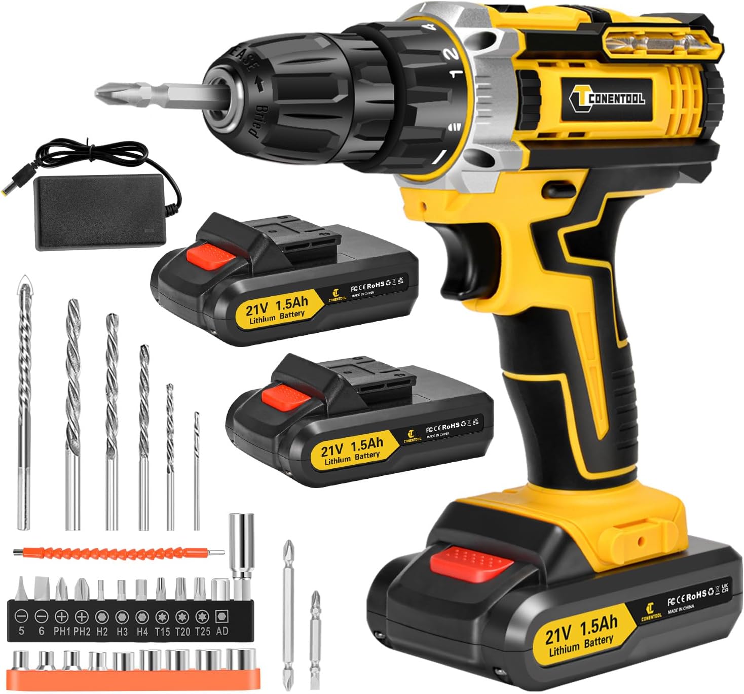 21V Cordless Drill 45N.m Power Drill Drivers Combi Drill with 2 * 2000mAh Battery and Charger,3/8” inch Keyless Chuck 18+1 Torque Setting Electric Screwdriver Kit with 30PCS Drill Bits and Tool case