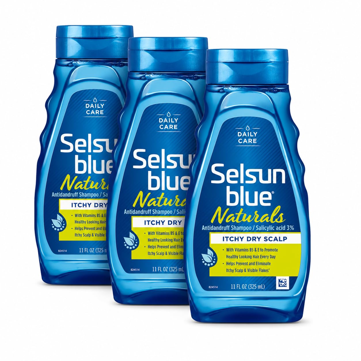 Selsun Blue Naturals Itchy Dry Scalp Antidandruff Shampoo, Extra-Hydrating Formula With Vitamins B3 and E, 11 fl. oz. (Pack of 3)