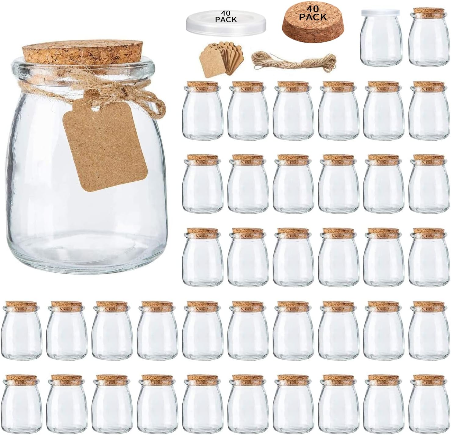 Brajttt Glass Mini Yogurt Jars 40 Pack, 7 oz Favor Jars With Cork Lids, Pudding Containers, Mason Wedding Favors Honey Pot With Label Tags and String