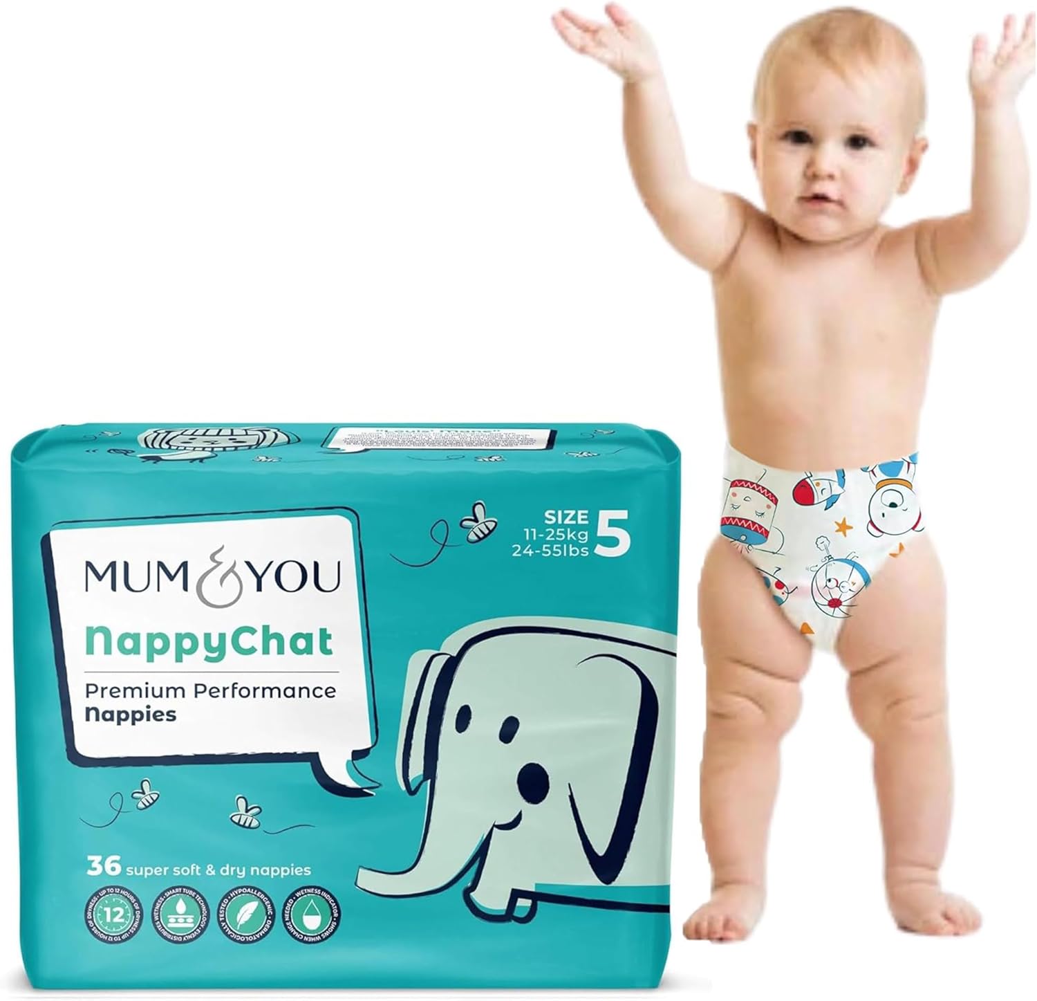 Mum & You Eco Friendly Baby Nappies, Size 5 Nappies (11-25 KG), 36 Count, Dermatologically Tested Nappy with 12-Hr Leak Protection Wetness Indicator, Rash-Free Baby Diaper, Day & Night Time Nappies