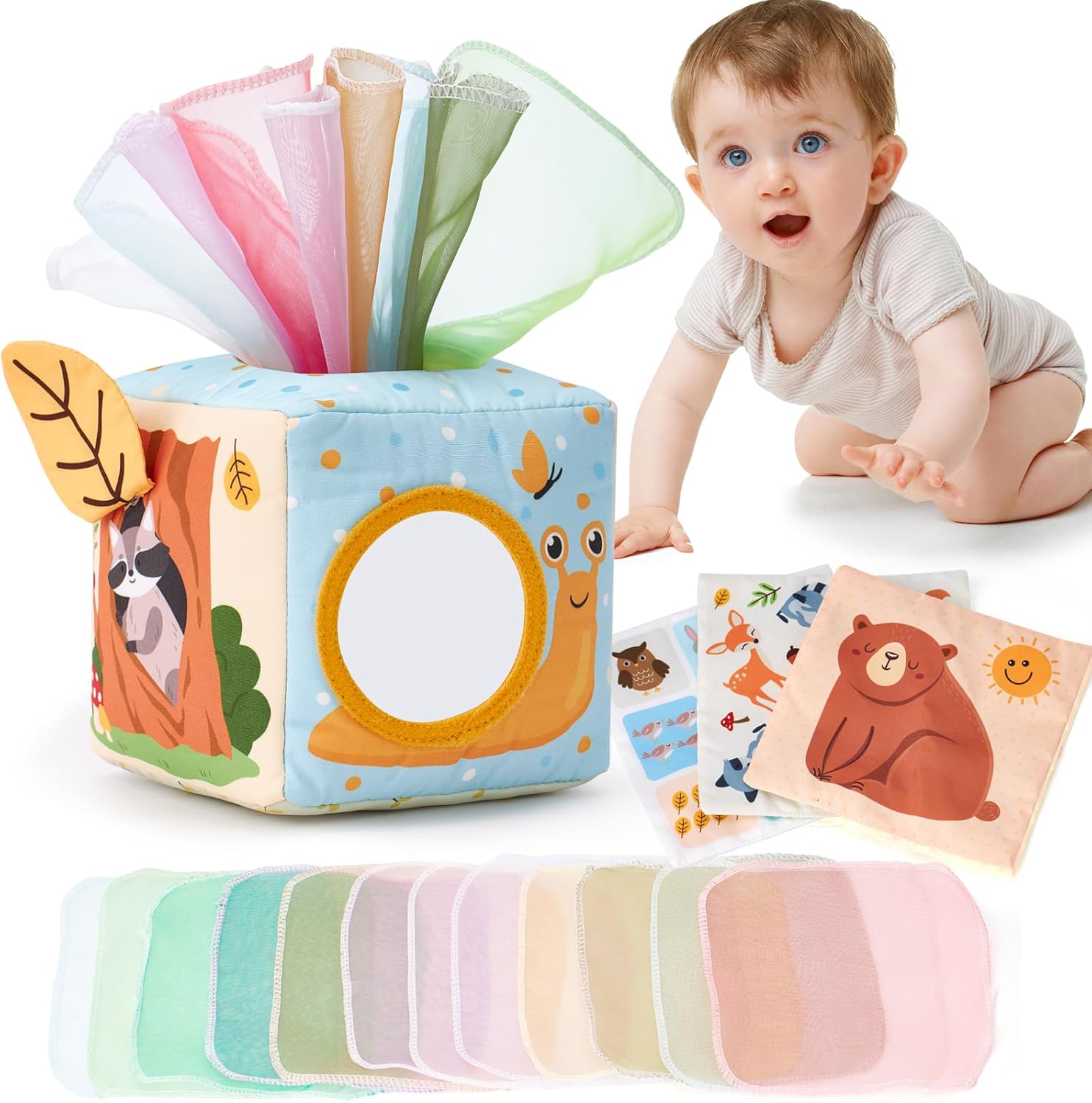 hahaland Baby Tissue Box Toy - Baby Toys 6-12 Months Montessori Toys for 6 Month Old Must Haves - Boy Girl Shower Gifts for Babies 6 9 12 18 Months Old Developmental Sensory Pulling Play Scarf Toy