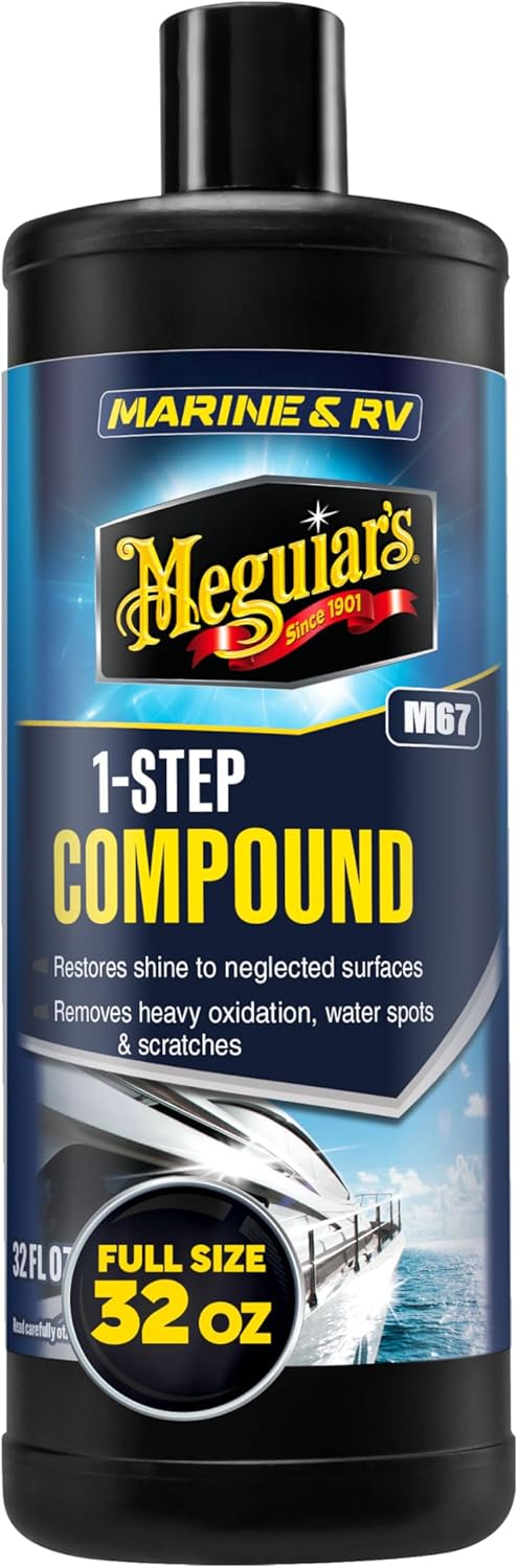 Meguiar's M6732 Marine/RV One Step Compound, Remove Oxidation, Stains, Scratches, and Water Spots, Restore The Color and Shine of Fiberglass Gel Coat Finishes, 32 Oz Bottle