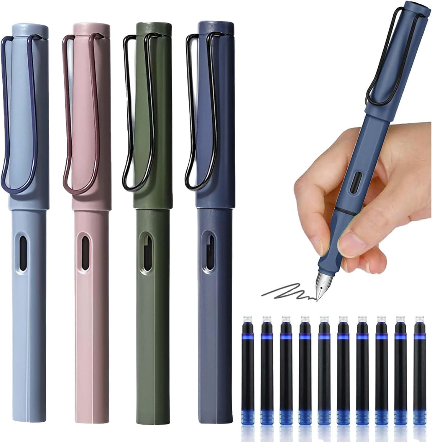 GZGRYTRC 4Pcs Fountain Pen with 10 Black Ink Sac, 0.5mm Tip Pen Replaceable Fountain Pen Set Smooth Writing Quick Drying Pen for Calligraphy, Doodling, Journaling, Sketching and School Office Gifts