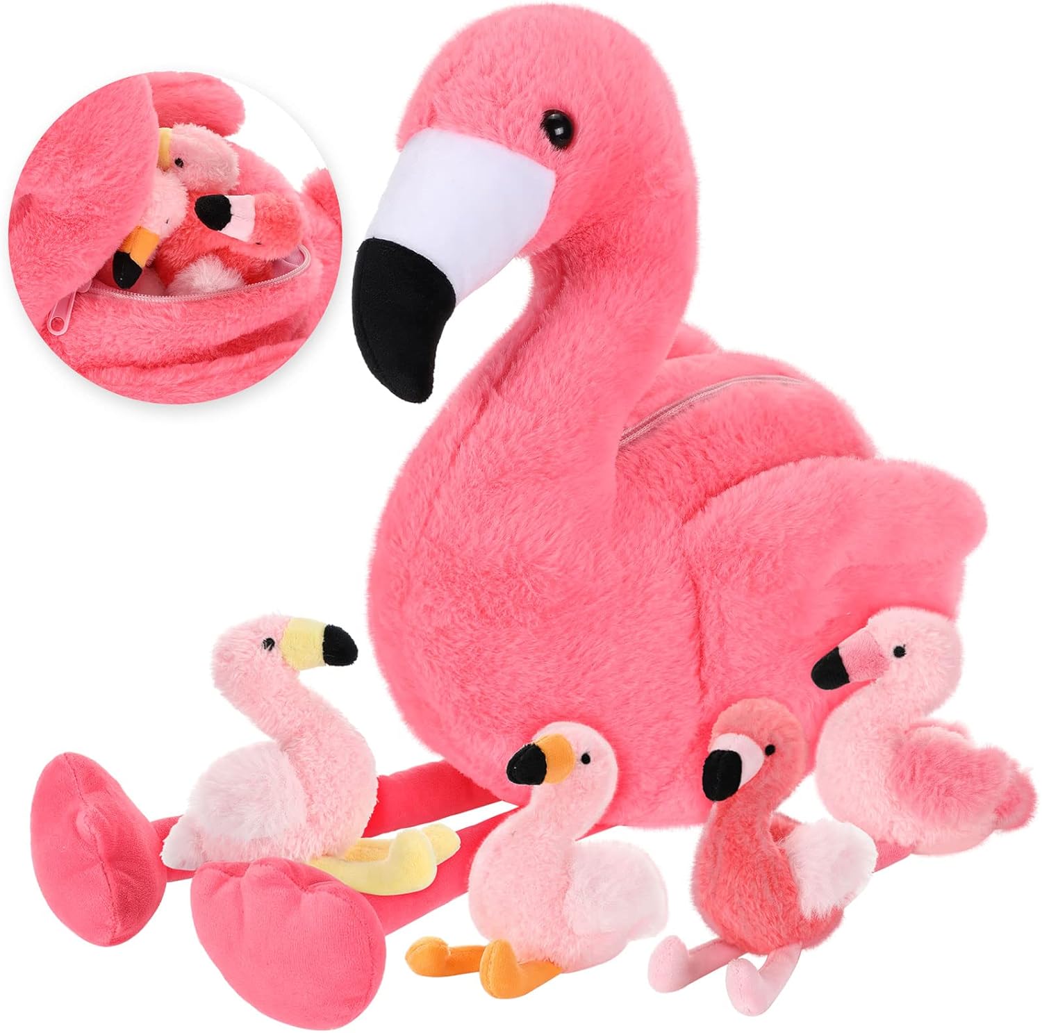 Skylety 18 Inches Flamingo Stuffed Animal with 4 Babies Plush Toys Inside Zippered Tummy Pink Mommy Flamingo Toy Stuffed Animals for Birthday Party Decoration