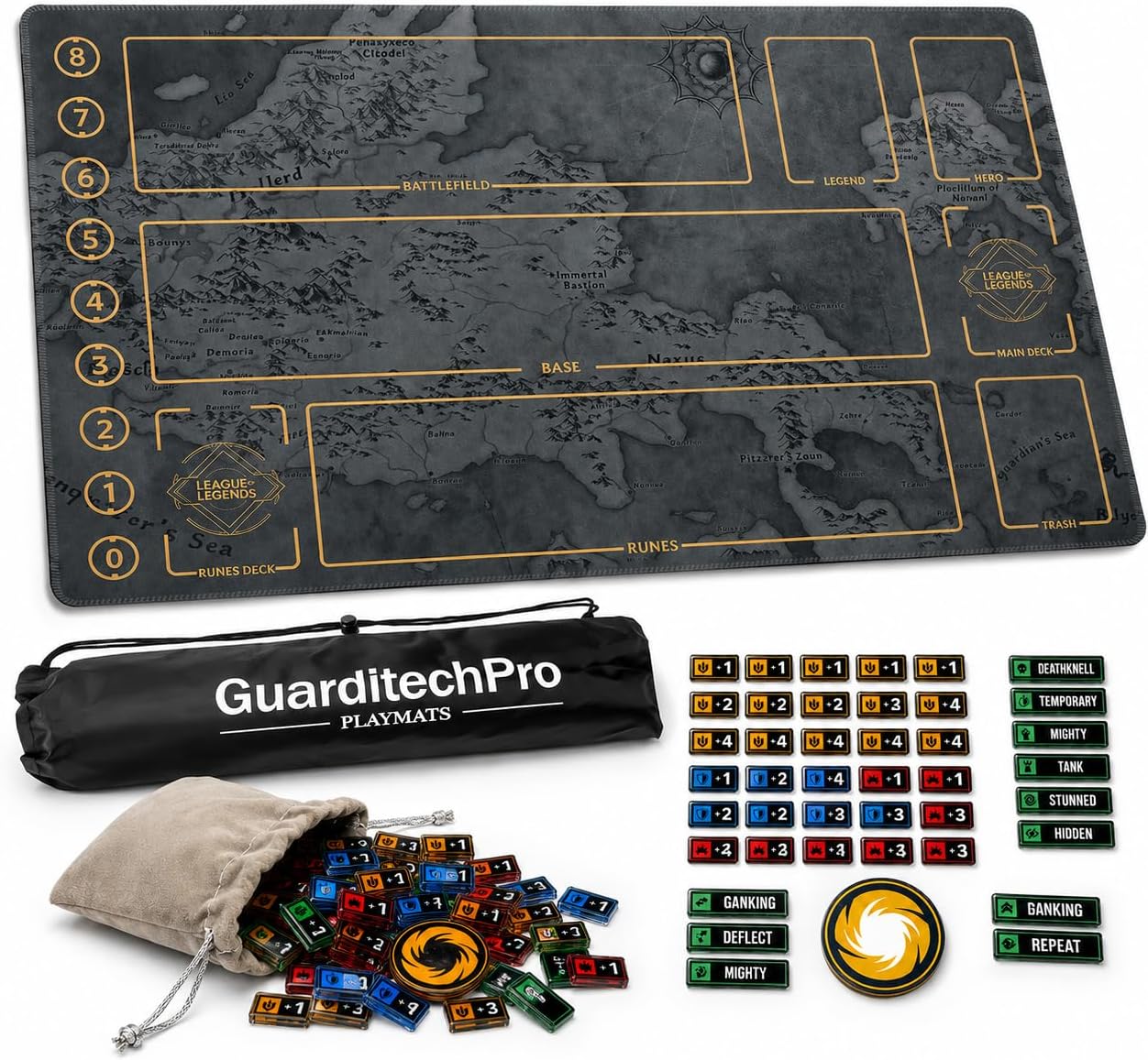 Single Player Game Mat Compatible with Riftbound, 24 x 14 in TCG Playmat with 47 Tracking Tokens, Oxford Carry Bag, Non-Slip Rubber Base (Shadow Rift)