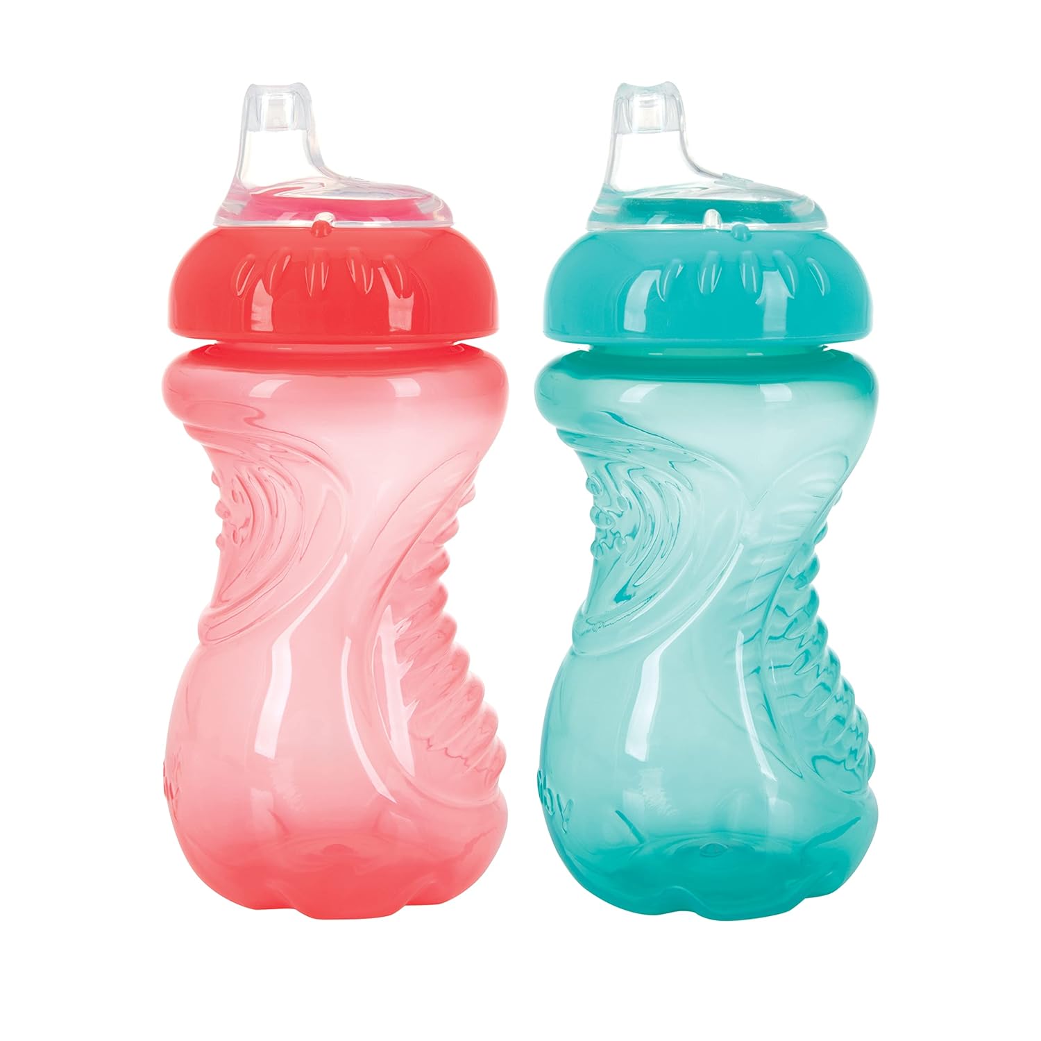 Nuby 2 Pack Sippy Cups with Soft Spout - 10 Oz Toddler Cups Spill Proof with Easy Grip - Dishwasher Safe (Aqua & Coral)