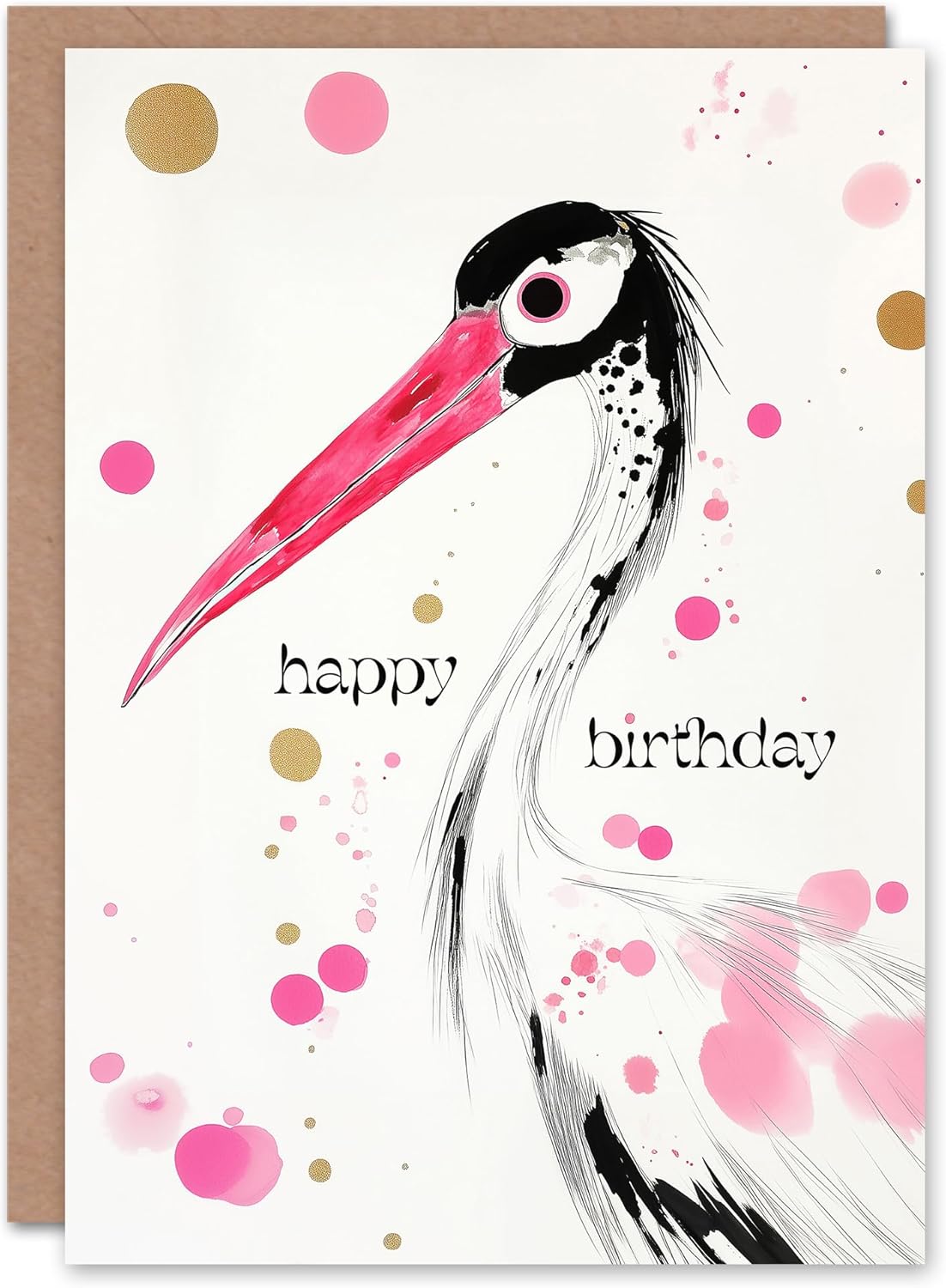Artery8 Birthday Card Oriental Stork Pink Gold Black Bird Drawing Blank For Him Or Her Art Greeting Card