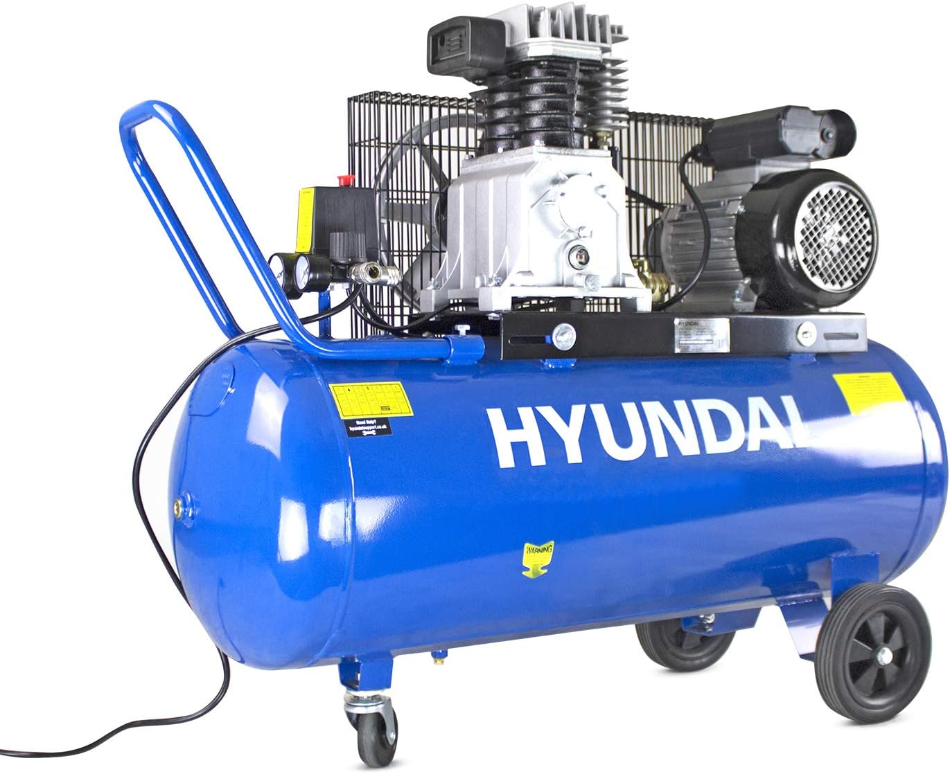 Hyundai 100 Litre Air Compressor, 2.2kw / 3hp, Electric & Portable Compressor, 14cfm / 145psi, Twin Cylinder, Belt Drive, Wheeled with 2 Year Warranty