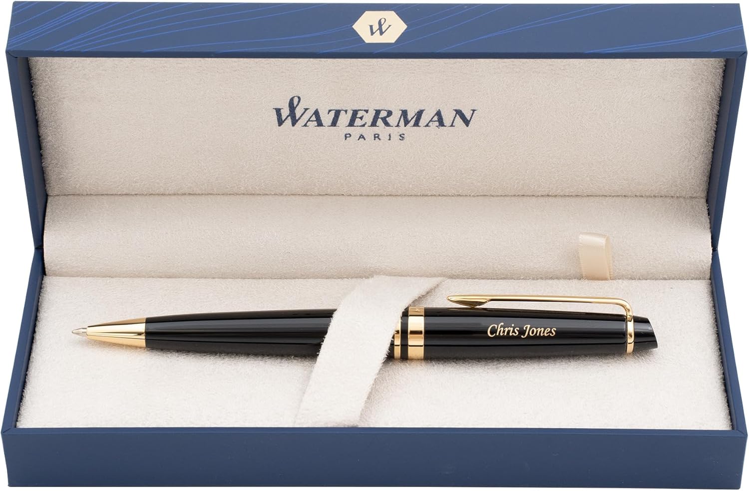 Personalized Waterman Expert Ballpoint Pen in Black Lacquer with Gold Trim. Engraved Luxury Business Gift for Executives, Board Members, or Trustees.