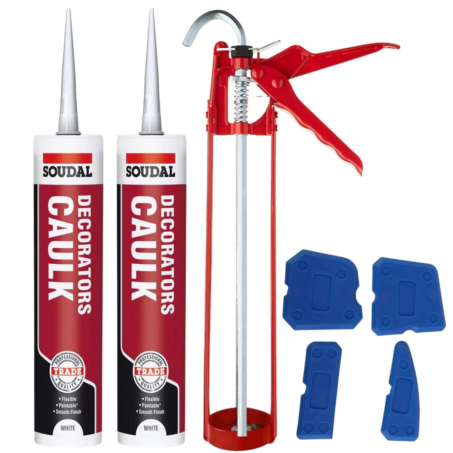 Decorators Caulk White Set - Bundle With Sealant Gun, Silicone Tool Smoothing Set And Soudal White Caulk Gap And Crack Filler Acrylic Silicone Adhesive Sealant