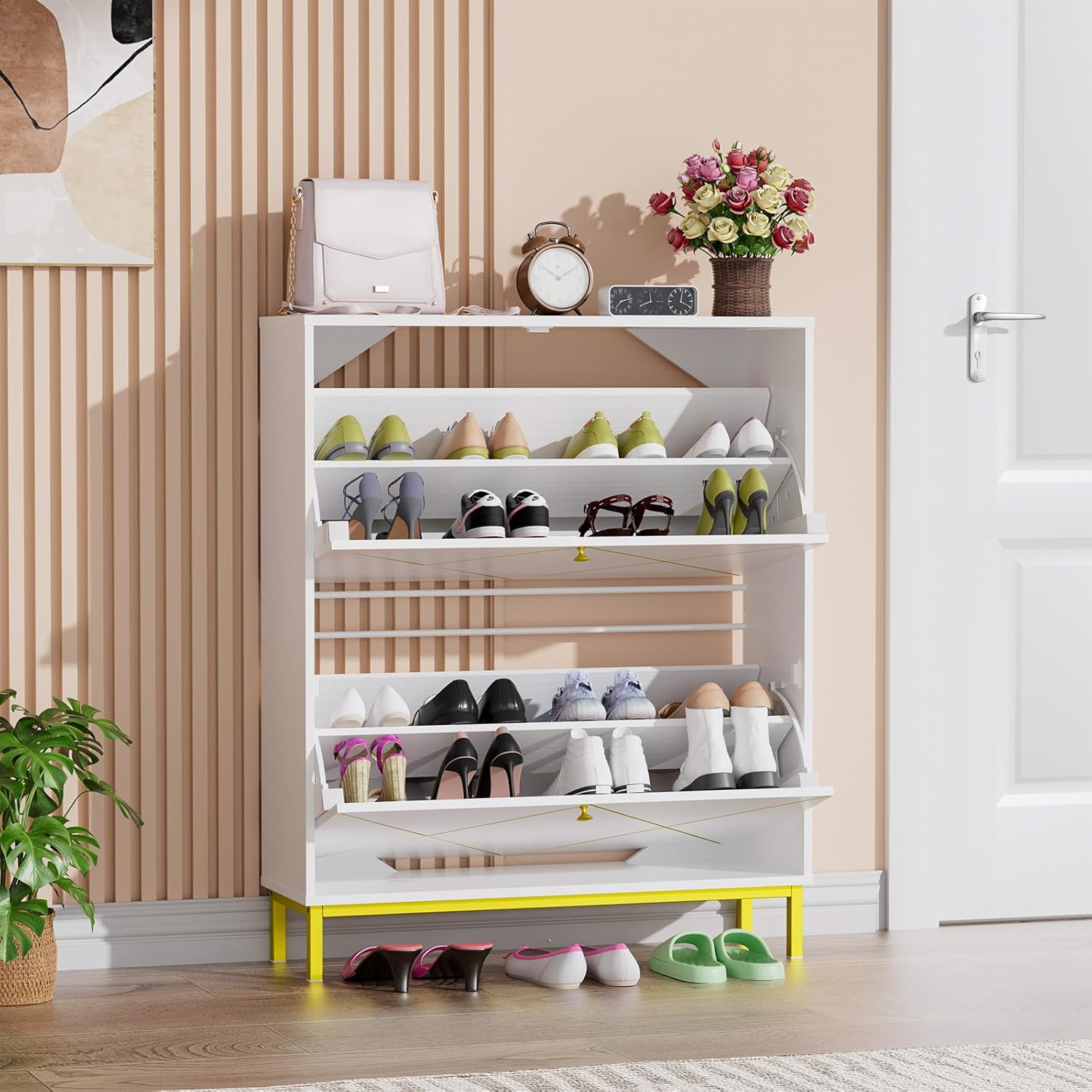 Shoe Cabinet Storage with 2 Flip Drawers, 4-Tier Shoe Storage Cabinet Freestanding Shoe Rack Organizer,Metal Leg Supports.Freestanding Hidden Shoe Organizer for Foyer, Hallway (White)