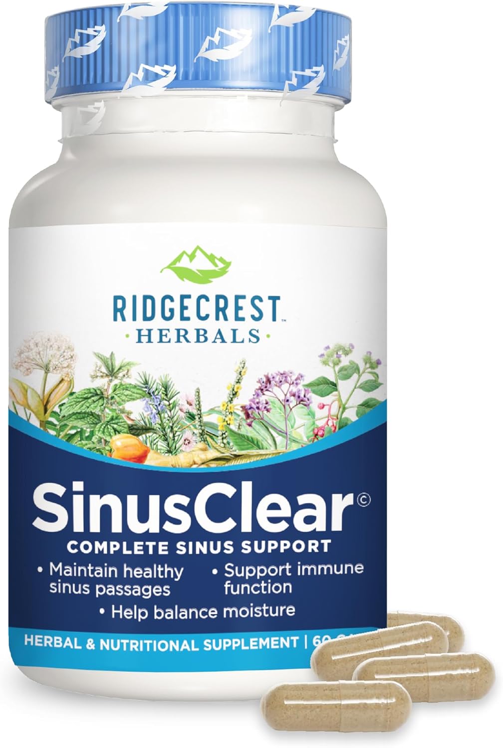 RidgeCrest Herbals SinusClear, Complete Formula for Sinus and Nasal Health with Mullein Leaf, Bromelain, Vitamin C, and Zinc, for Healthy Mucus, Immune & Respiratory Support, (60 Veg Caps, 30 Serv)
