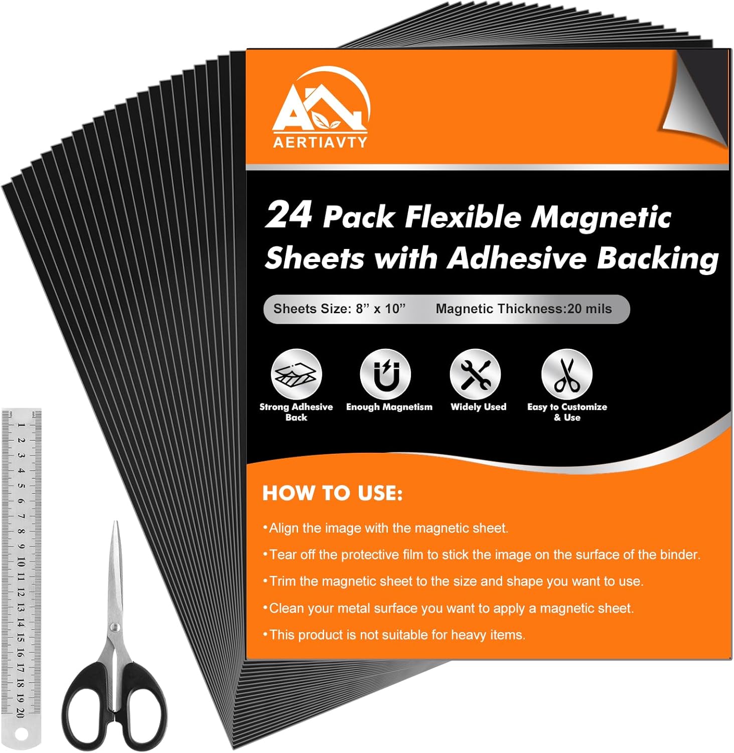 24 Packs Magnetic Sheets with Adhesive Backing 8x10 Inch Adhesive Magnetic Sheets for Dies Storage, Crafts - Flexible Magnetic Contact Paper Peel and Stick, Magnets Tape Strips with Adhesive Backing