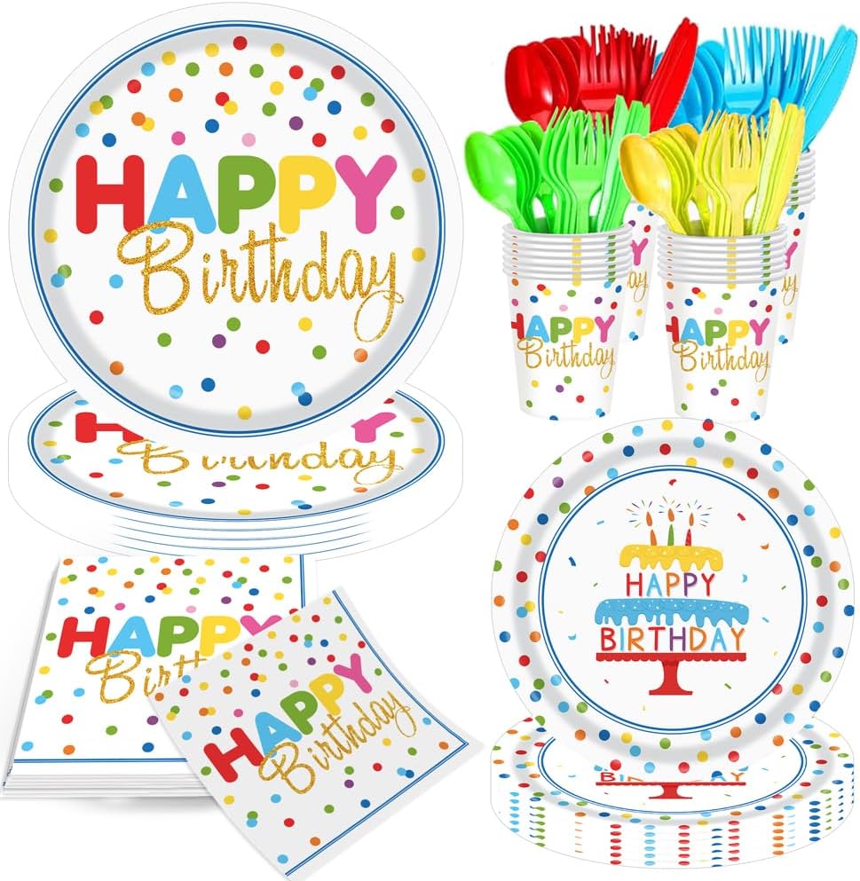 140pcs Happy Birthday Party Supplies Set with Colorful Polka Dots Design- Includes Disposable Paper Birthday Plates and Napkins, Cups, Tablecloth, and Banner，Dots Party Supplies Serves 20 Guests
