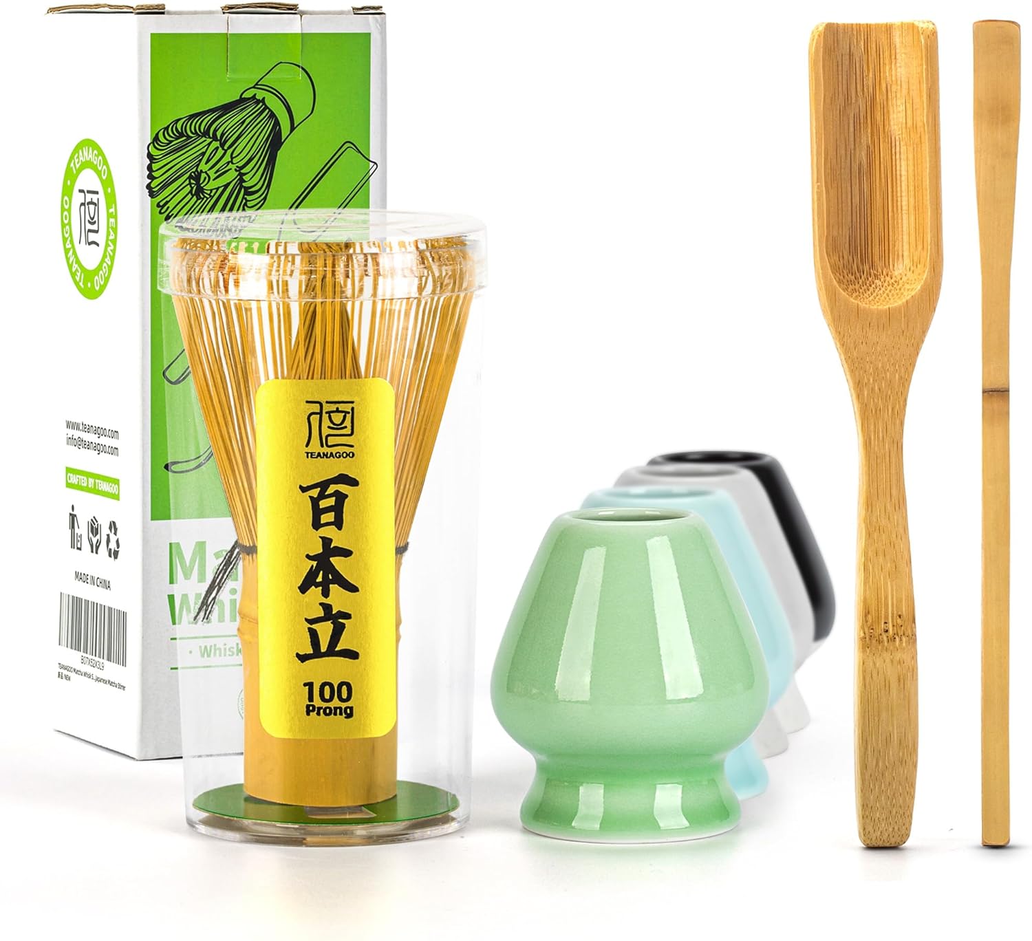 TEANAGOO Matcha Whisk (Chasen), Bamboo Matcha Set, 4 Pcs Traditional Starter Matcha Kit, Scoop (Chashaku) Tea Spoon Whisk Holder, Matcha Whisk Set, Traditional Japanese Matcha Stirrer Set
