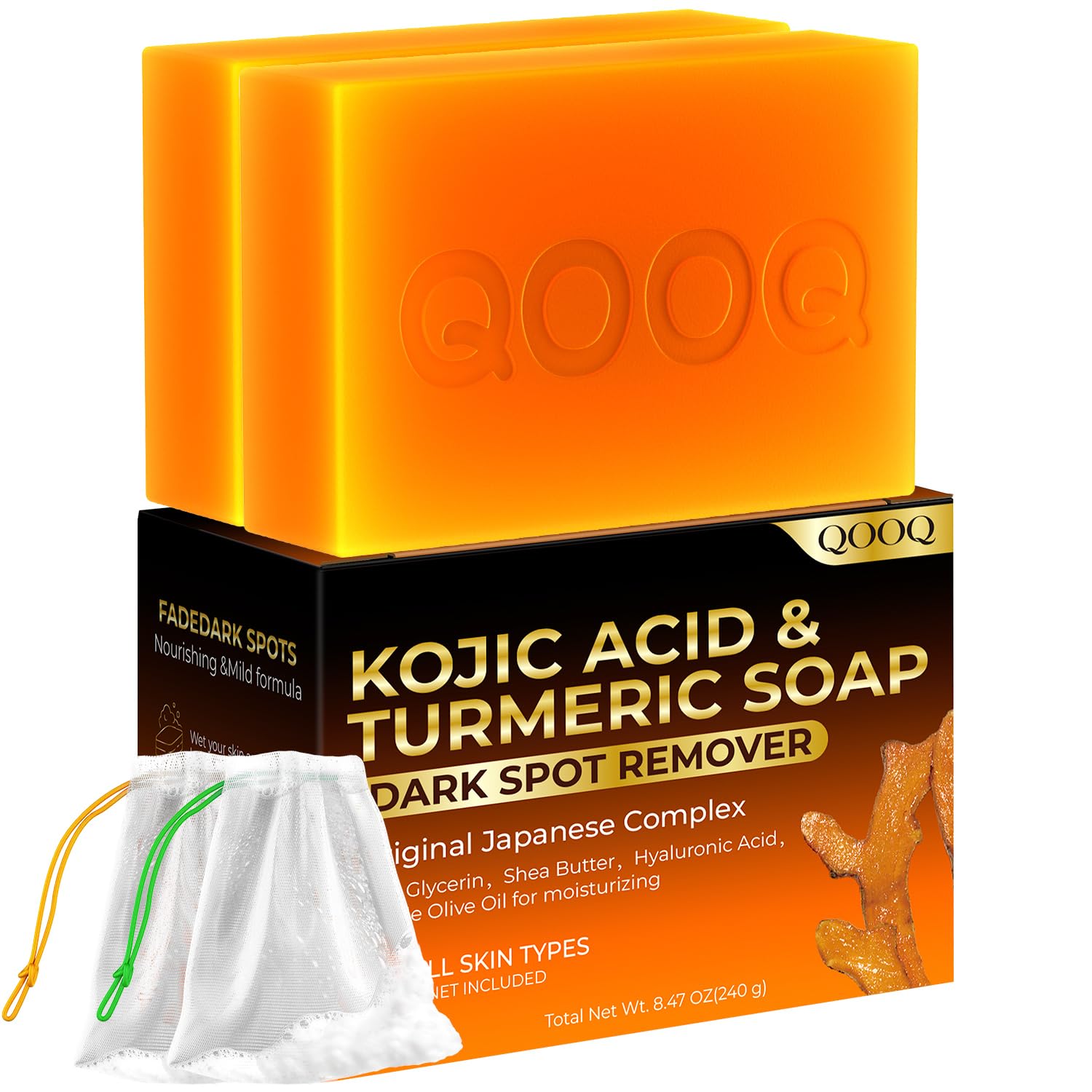 Kojic Acid and Turmeric Soap for Dark Spots Brightening – Face and Body Wash with Vitamin C, Retinol, Collagen, Vitamin E, Glycerin, Shea Butter & Castile Olive Oil – Soap for Women & Men (120g x 2)