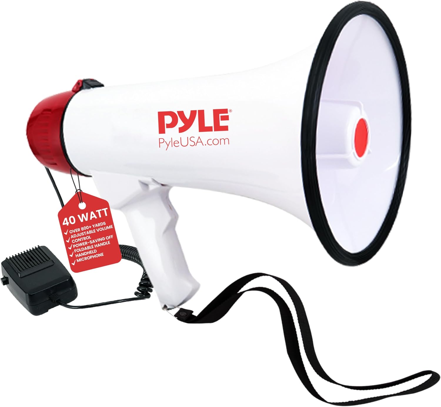 Pyle 40 Watt Professional Megaphone Clear Sound & Ergonomic Grip - Multi-Function with Talk, Siren, Volume Control - Detachable Handheld Mic - Indoor & Outdoor Sports, Emergency Response