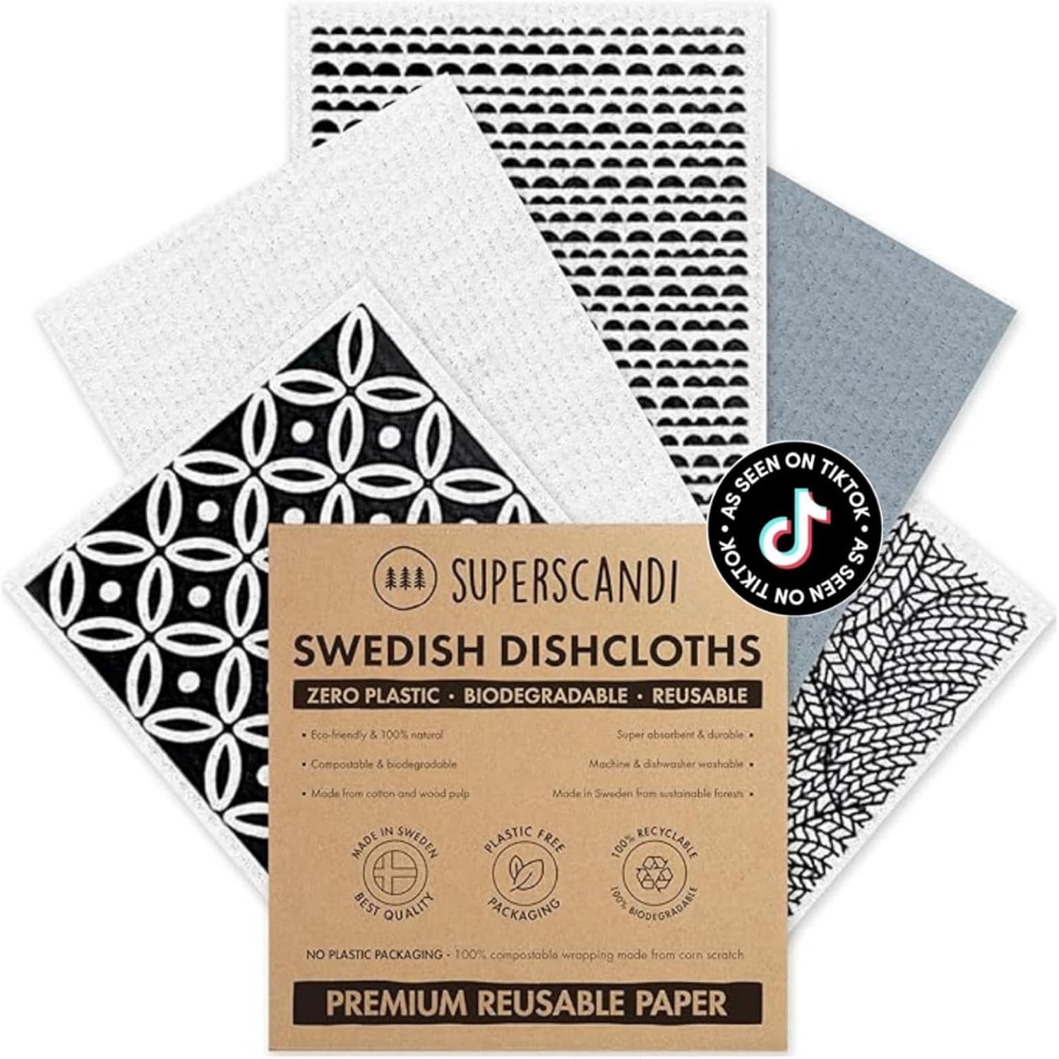 SUPERSCANDI 5 Pack Reusable Cleaning Cloths - 100% Biodegradable & Compostable | Washable Swedish Dishcloth - Food-Safe & Plastic-Free | Kitchen Cloth Suitable for Any Surface, Scandi Artdeco White