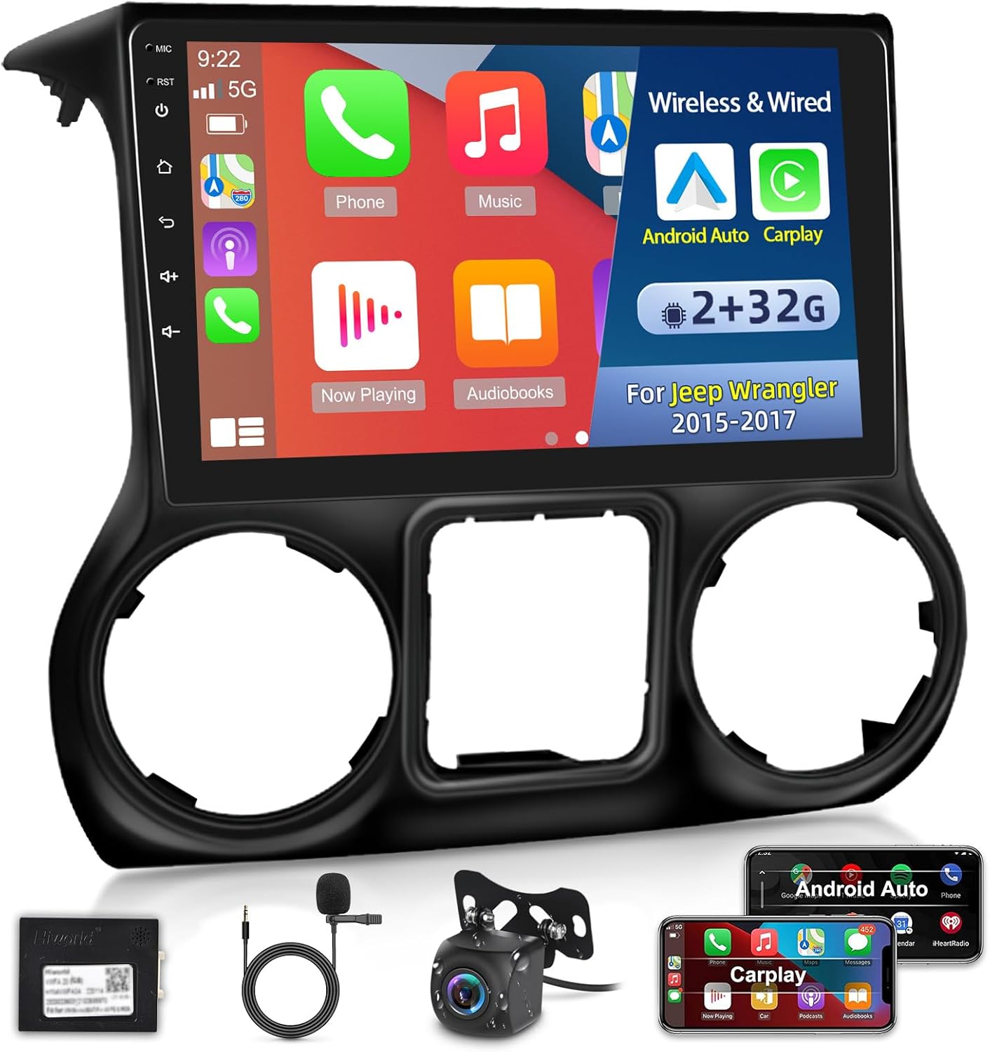 NHOPEEW Wireless Carplay Android Car Radio for Jeep Wrangler 2015-2017, 2+32G 10.1 Inch Touchscreen with Android Auto/DSP/GPS/WiFi + AHD Backup Camera and Mic
