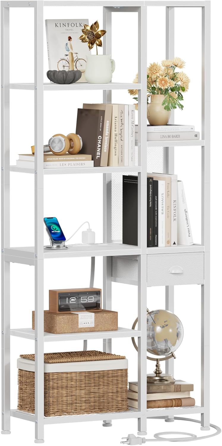 Furologee 6-Tier Bookshelf with Charging Station, Double Display Shelf with Drawer, Tall Freestanding Bookcase, Metal Open Book Shelf for Living Room, Bedroom, Home Office, White