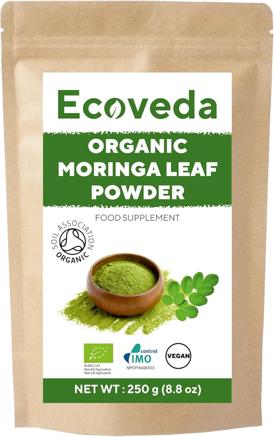 Organic Moringa Leaf Powder 250 gram, Organically Grown, Soil Association Certified Powdered Moringa Leaves, Tested for Heavy Metals