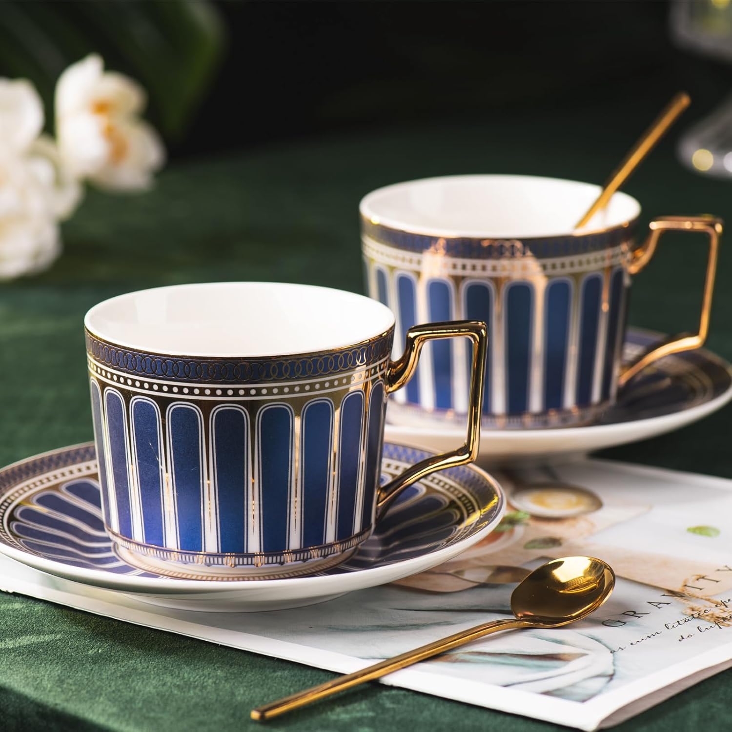 European Style Ceramic Coffee Cup Set, 7 Oz Bone China Exquisitely Glazed Blue and Gold Afternoon Tea Set, Tea Set for Women's Tea Party,Gift for Parents and Loved Ones.(2 pack).…