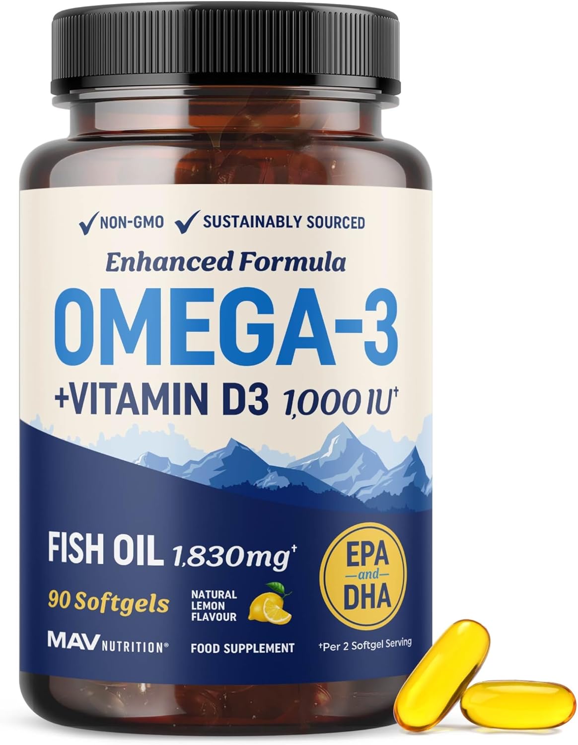 Omega 3 Fish Oil with Vitamin D3 | 1280MG Omega-3 + 1000IU VIT D3 for Heart, Immune & Bone Health Support | EPA DHA Omega 3 Supplement | Sustainably Sourced, Non-GMO Fish Oil Vitamin D | 90 Softgels