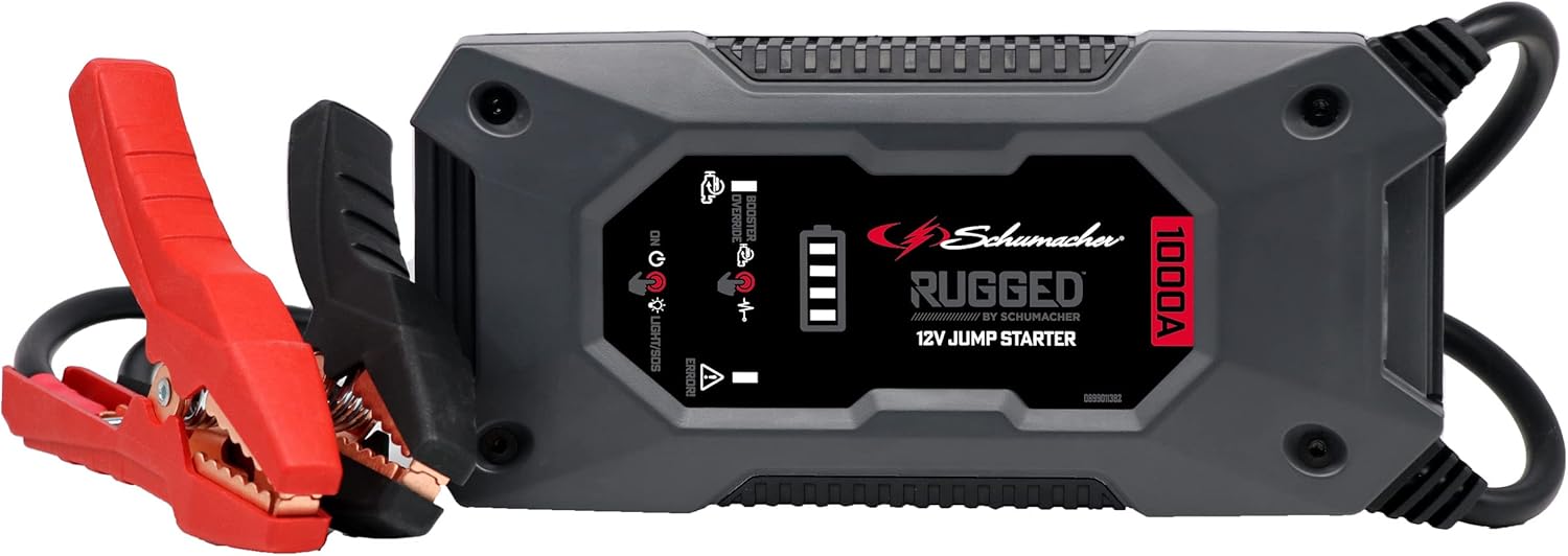 Schumacher Rugged - 1000A 12V Battery Booster - Cars up to 6.0L Gas / 3.0L Diesel - SBX 461 - Super Powerful Flashlight - USB Port 2.4A Output / 2.0A Input - IP64 Protection