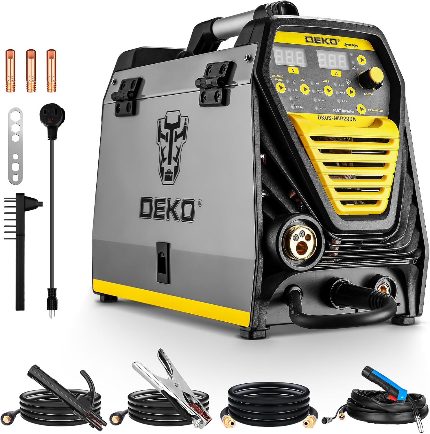 DEKO Digital 200A MIG/MMA Welder, SYNERGIC DC Inverter Welding Machine,110V/220V Fully Digitally Control with Wire Brush,Earthing Cable,Electrode Holder,Welding Gun,Digital Panel