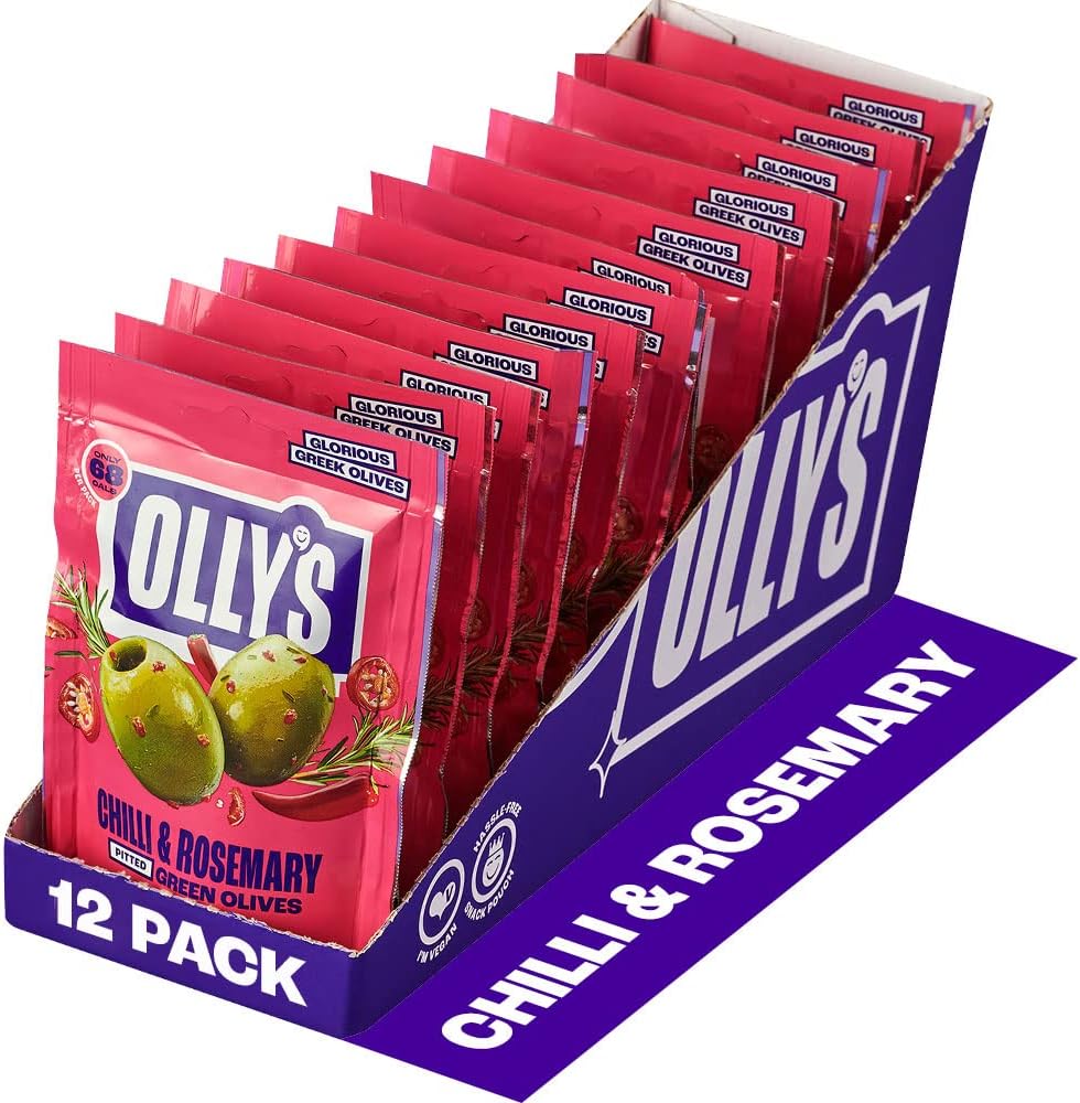 Olly's Olives, Chilli & Rosemary, 50 g (Pack of 12), 100% Natural Ingredients, Handy Snack Pouches, Healthy Vegan Snacks, Low Calorie, Source of Fibre, No Preservatives, Gluten Free