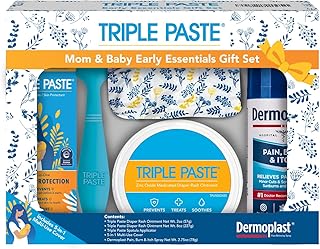Triple Paste Mom & Baby Early Essentials Gift Set with 5 Items, Diaper Rash Ointment 8oz Jar & 2oz Tube, Spatula Applicator, Dermoplast Spray, and Multi-Use Cover, Shower Gifts for Moms