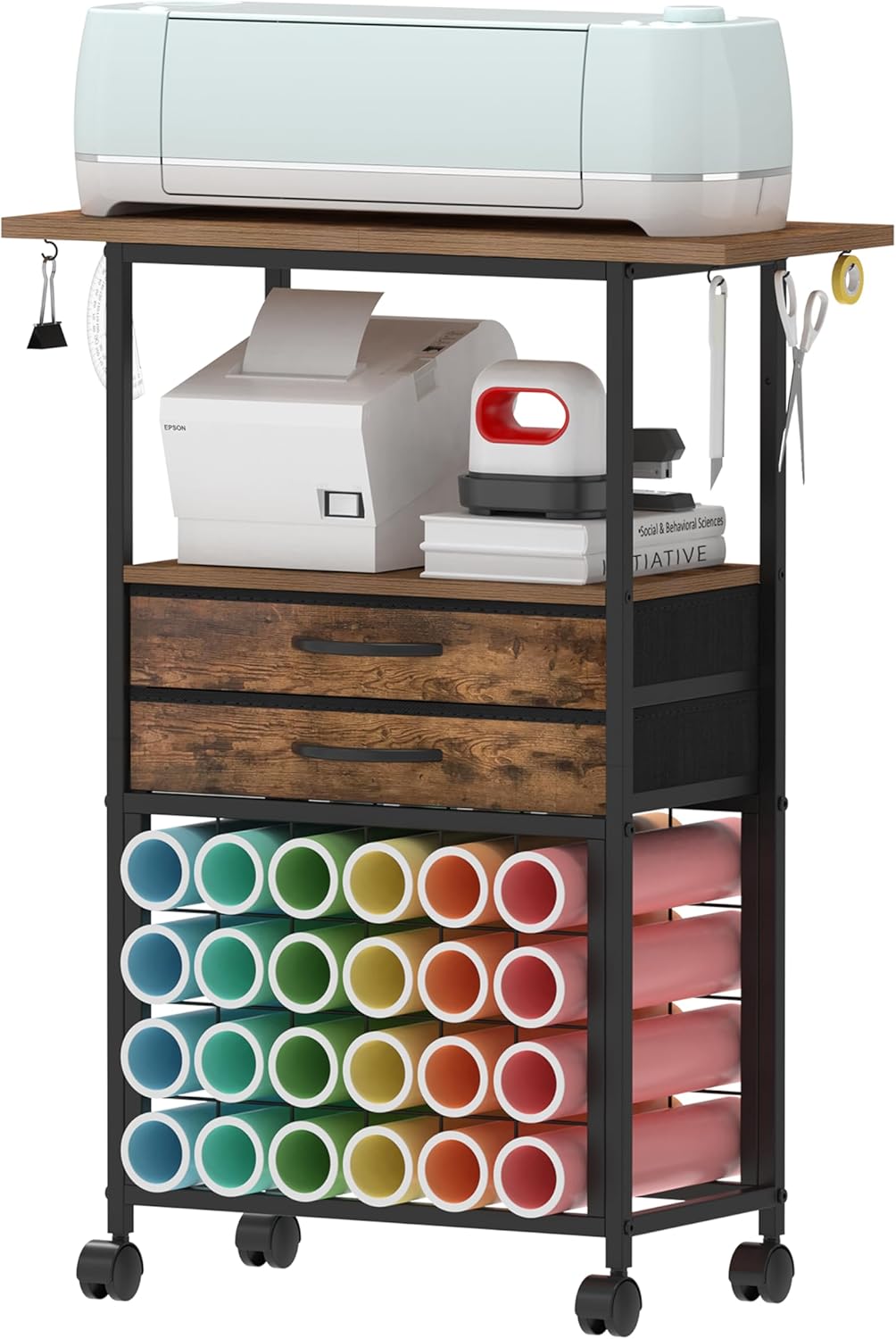 Organizer and Storage Stand Compatible with Cricut Machines,Rolling Storage Cart/Shelf with 24 Vinyl Roll Holders，2 Fabric Drawer,Accessories Holder,Tool Hook for Craft Room Home (Rustic Brown)