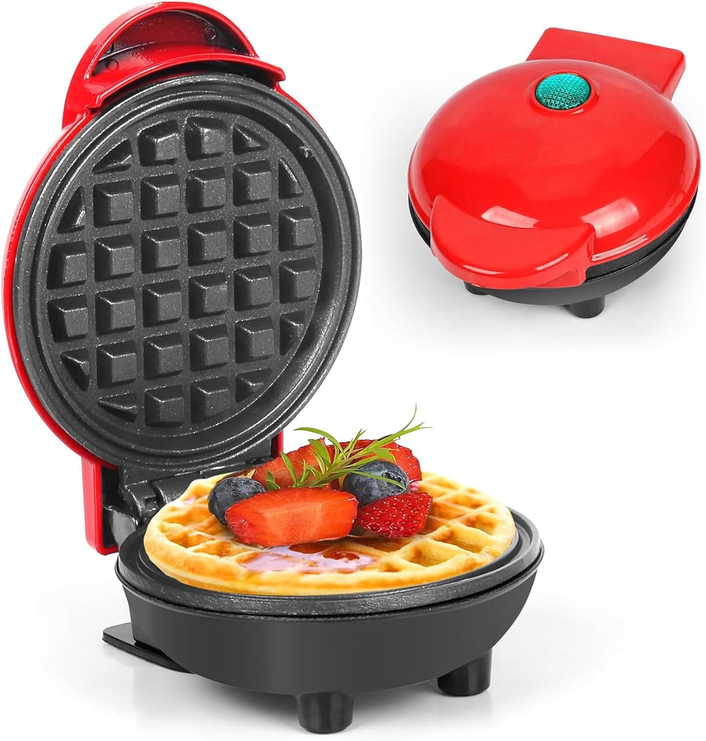 AHDXKUE Mini Waffle Maker Non-Stick Waffle Iron Machine, Mini Pancake Maker with Power/Ready Indicator Light Waffle Maker for Waffles, Sweet/Savoury Snacks Desserts, Red