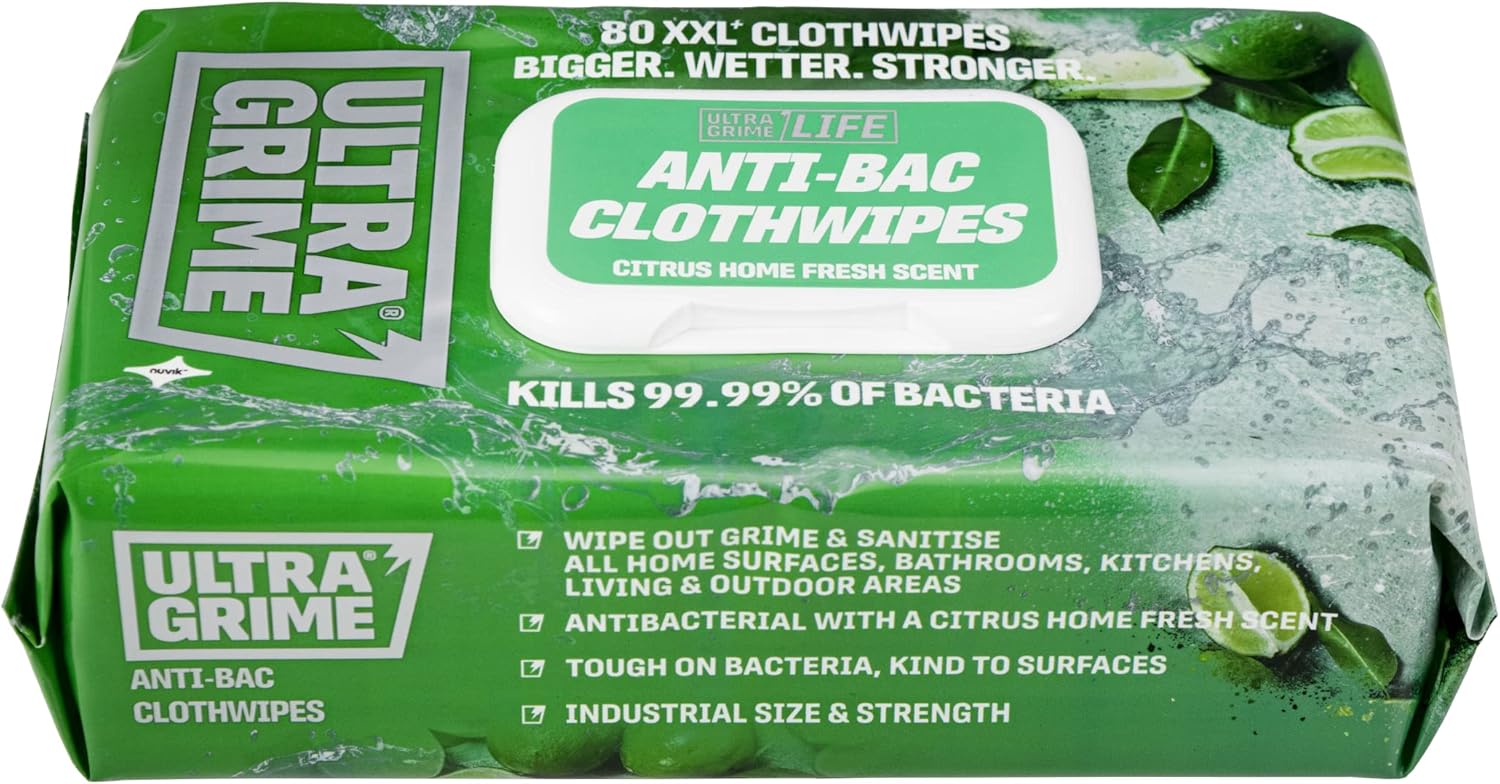 UltraGrime Antibac Clothwipes 80 Thick Large Wipe Pack - large wetwipes - cleaning clothwipes antibac - multi purpose - antibac hand clothwipes industrial clothwipes toilet