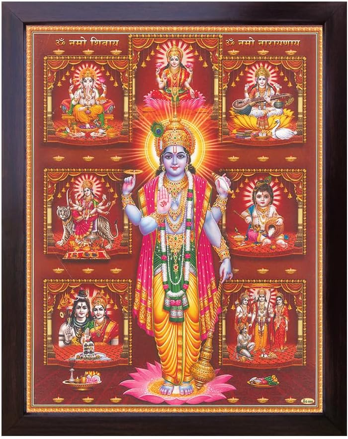 SANVIKA Lord Vishnu Wall Art, Framed Painting for Living Room Decor, Hindu Decor for Home Office, Pooja Room (12'' x 9'')
