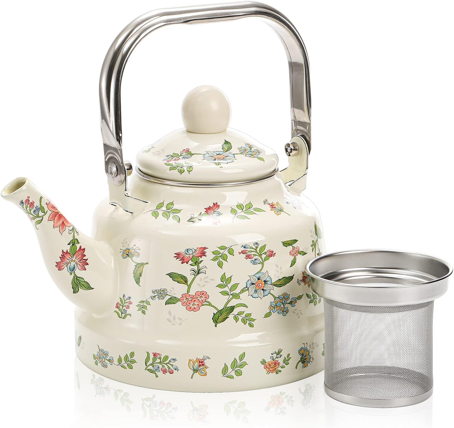 Jucoan 1.8 Quart Vintage Enamel Stovetop Tea Kettle, Retro Green Floral Enamel on Steel Teapot Tea Maker with Removable Infuser for Home Kitchen Camping, Gift for Wedding Housewarming Bridal Shower