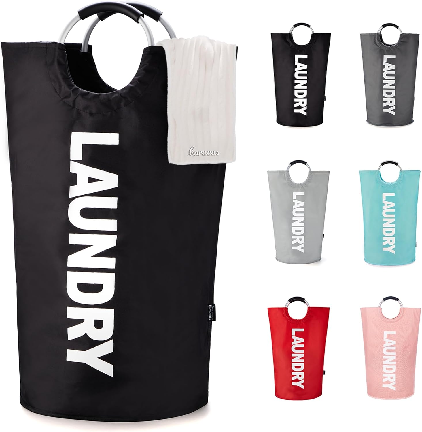 Caroeas 90L Collapsible Laundry Basket, Waterproof Laundry Bag (8 Colors) for Baby, Large Washing Basket with Padded Handles Stands Up Well for Easy Storage, Black