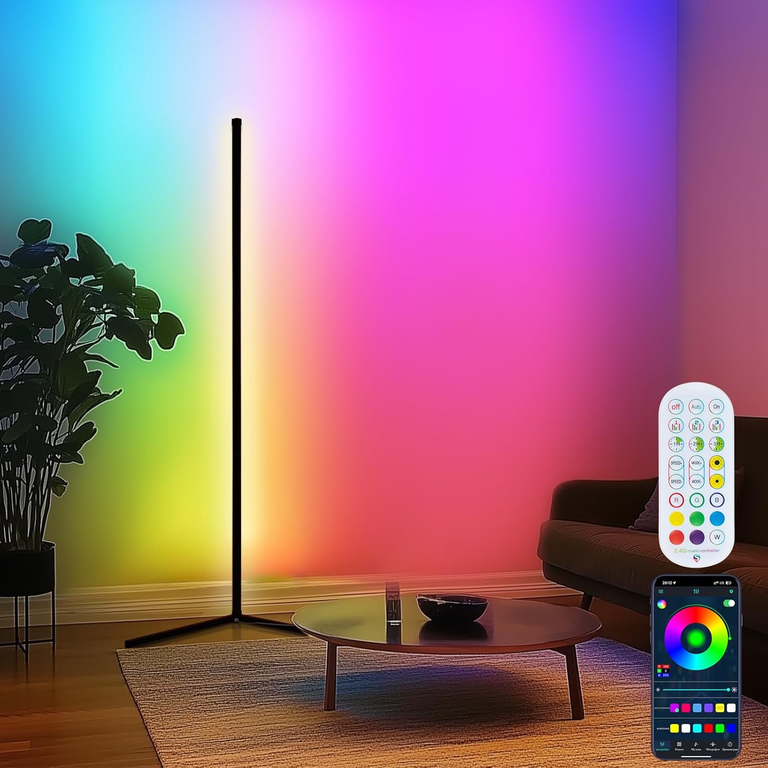 Corner Floor Lamp Smart LED Floor Lamp 142cm 16 Million Colors Smart RGB Corner Lamp Smart App and Remote Control Ambience Light with Music Sync for Bedroom Living Room Gaming Room