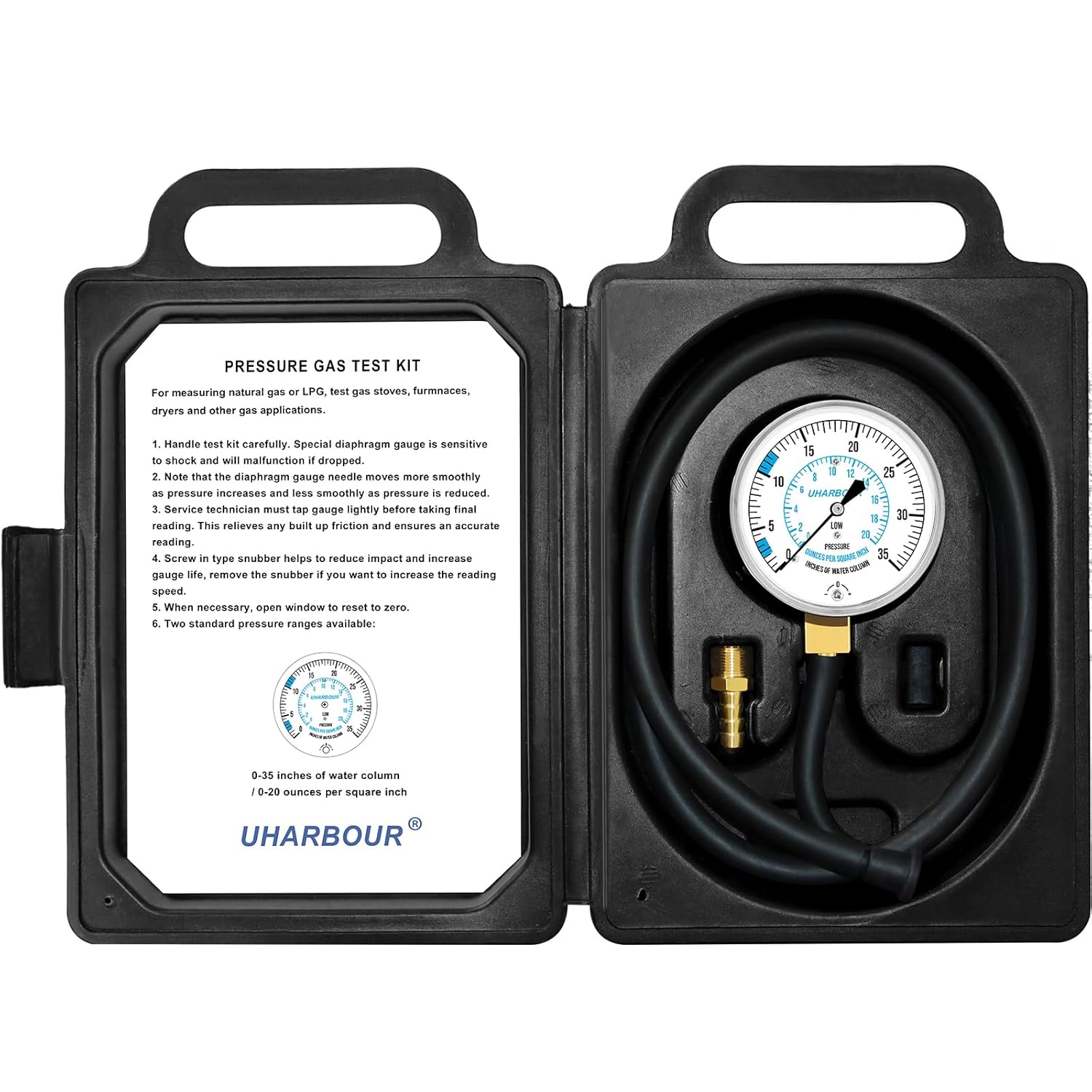 Manometer Gas Pressure Tester, Manometer LP Gas Pressure Tester Gauge 0-35" W.C, 1/8" NPT Fitting with Barbed Connection, 40" Hose