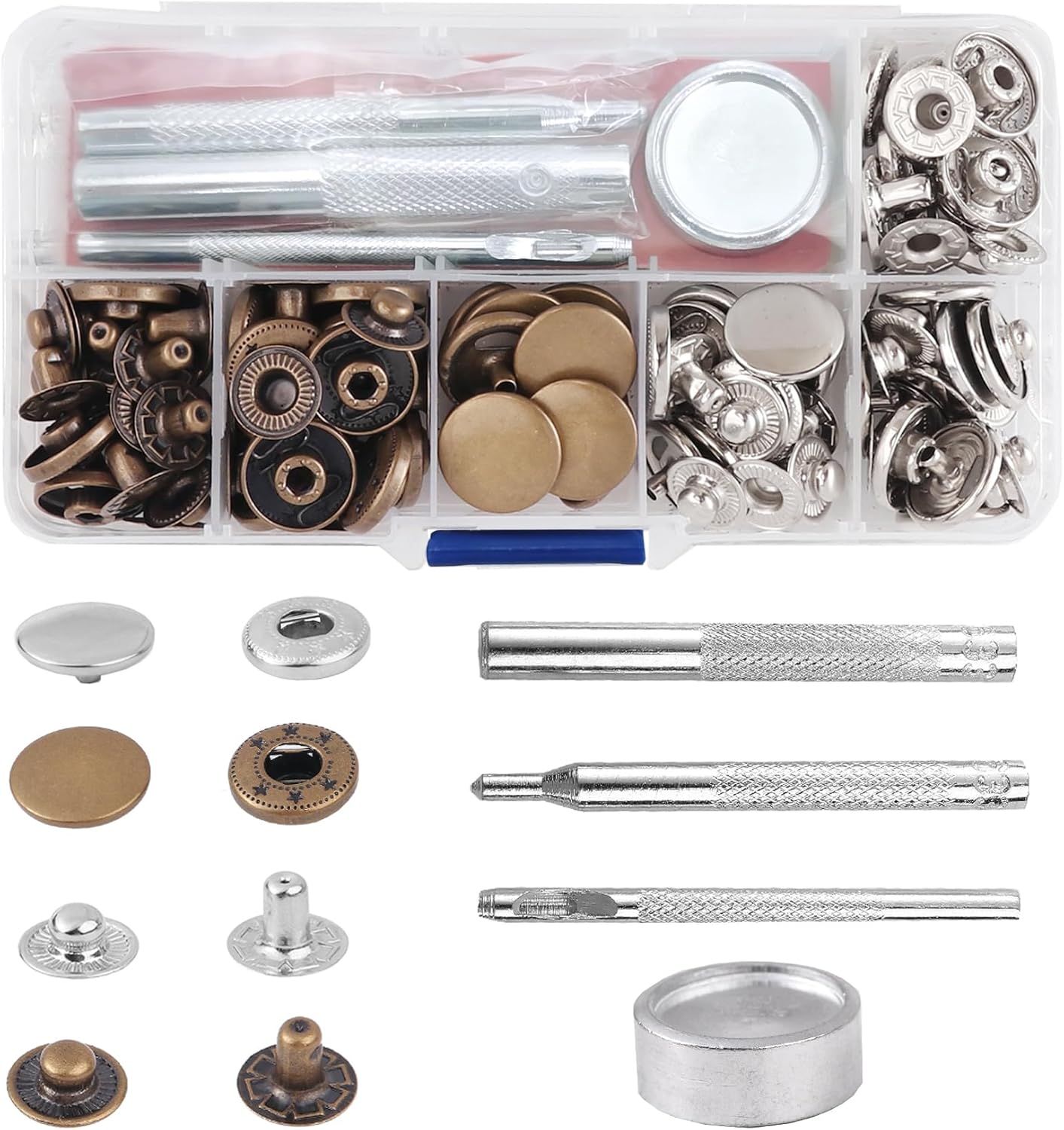 BOBOZAN Press Studs Snaps Fasteners 15mm x30 Sets-Metal Popper Fasteners No Sew -2-Color Press Studs with Tool Kits for Leather, Clothes, Purse, Jackets, Jeans Wears, Bags-Rust-Proof and Durable