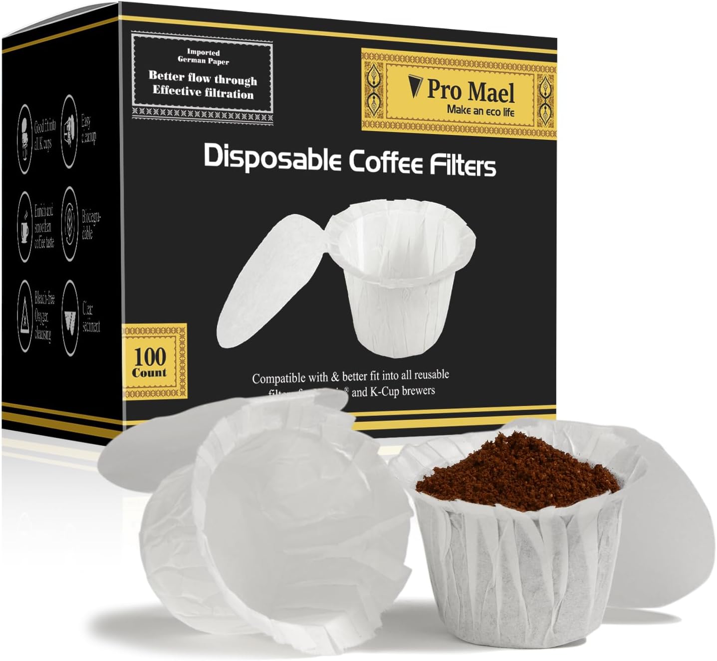 Pro Mael Disposable K Cup Filters with Lid, Coffee Filter Paper for Keurig Brewers Single Serve 1.0 and 2.0, Use with Reusable K Cup Pods, White (100-Count)