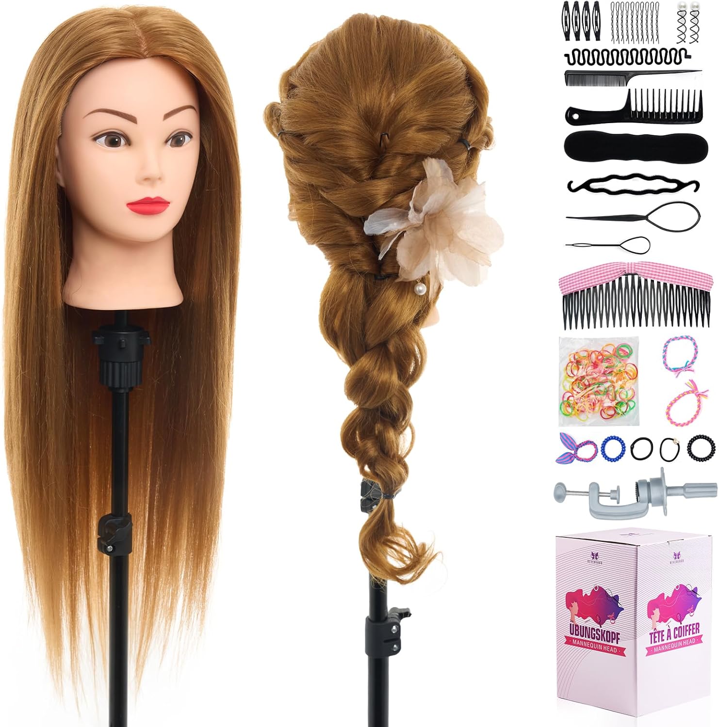 Styling Head Neverland Beauty 24 Inch 80% Real Human Hair Hairdressing Training Head Practice Mannequin Head With Free Clamp + Hair Styling Braid Set(Brown)
