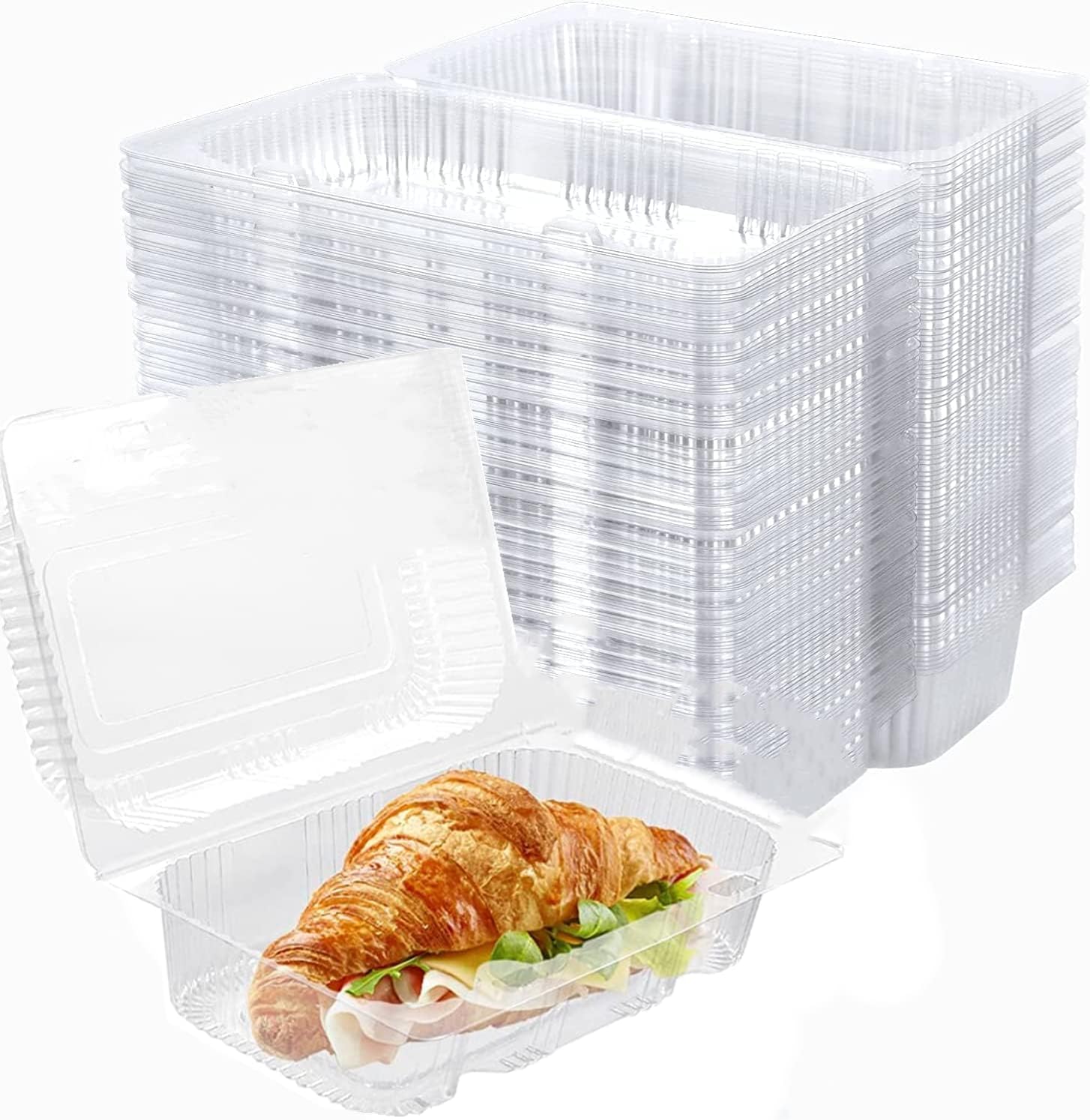 MAIPAI 100 Pack Clear Hinged Bakery Containers - Clamshell Takeout Trays with Lids for Cakes, Desserts, Cookies, Pastries, Sandwiches & Salad Storage, To-Go Food Containers，Stackable