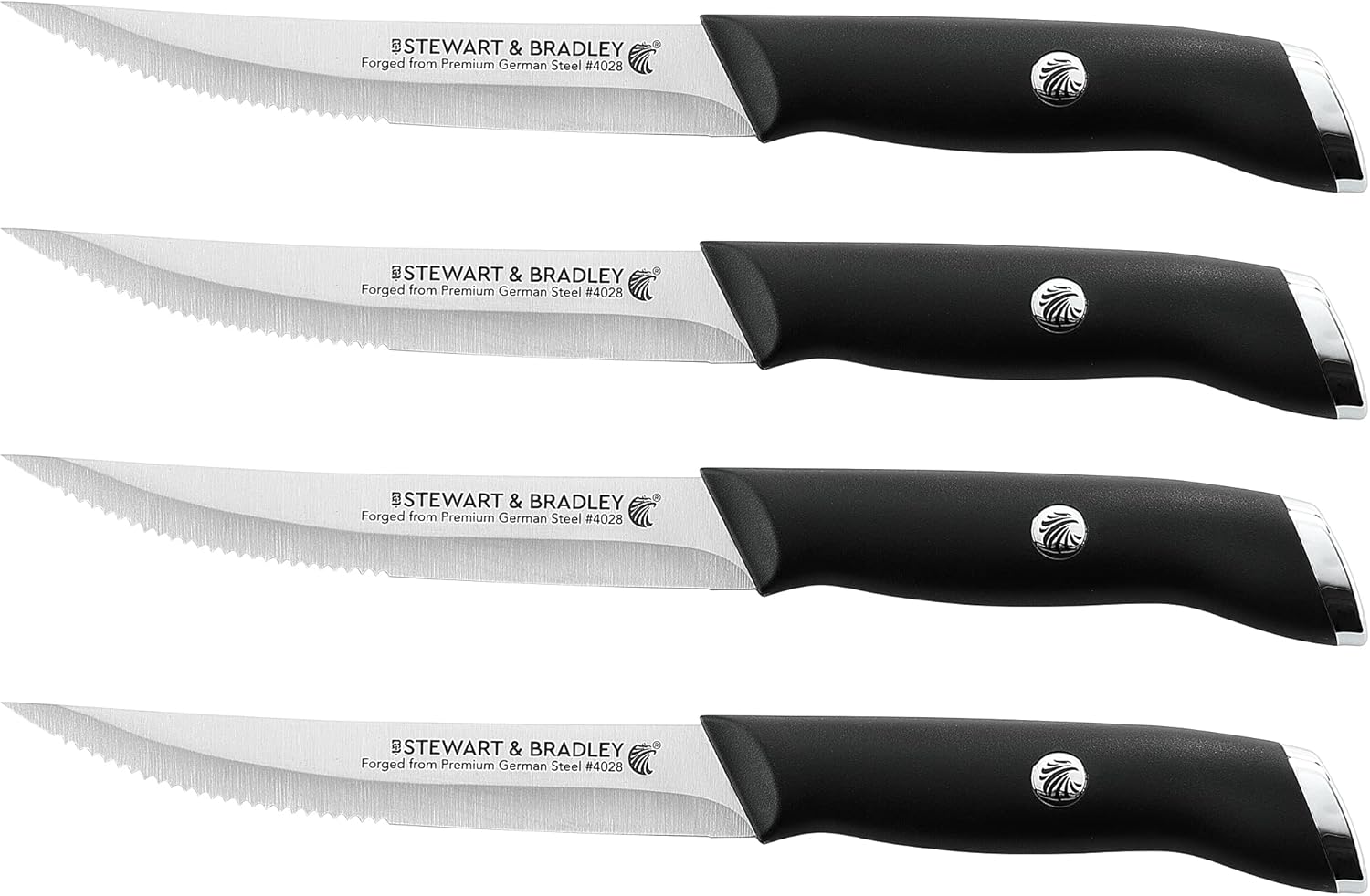 STEWART & BRADLEY Steak Knife Set of 4 – German Stainless Steel Blades – Half Serrated, Half Straight Edge – Ultra Sharp, Lightweight & Ergonomic – Elegant Dining Cutlery