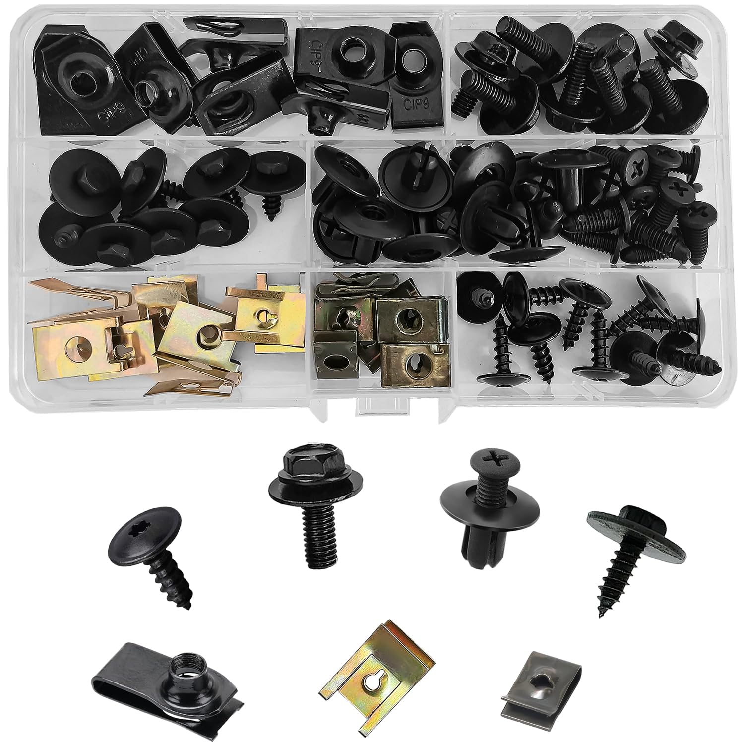 76 Pcs Car Screws and Nut Clip Kit,Car Body Undertray Fender Screws, Metal U-type Fastener Clip,Car Plastic Mounting Set for Bumper Mounting Clips Door Trim