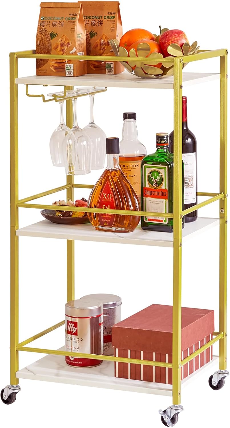 IBUYKE Home Bar Serving Cart,Small Bar Cart with 3-Tier, Mobile Drink Shelf with Wine Holders and Glass Holders,Mini Bar for Outdoor, Small Space, Kitchen White TMJ519W