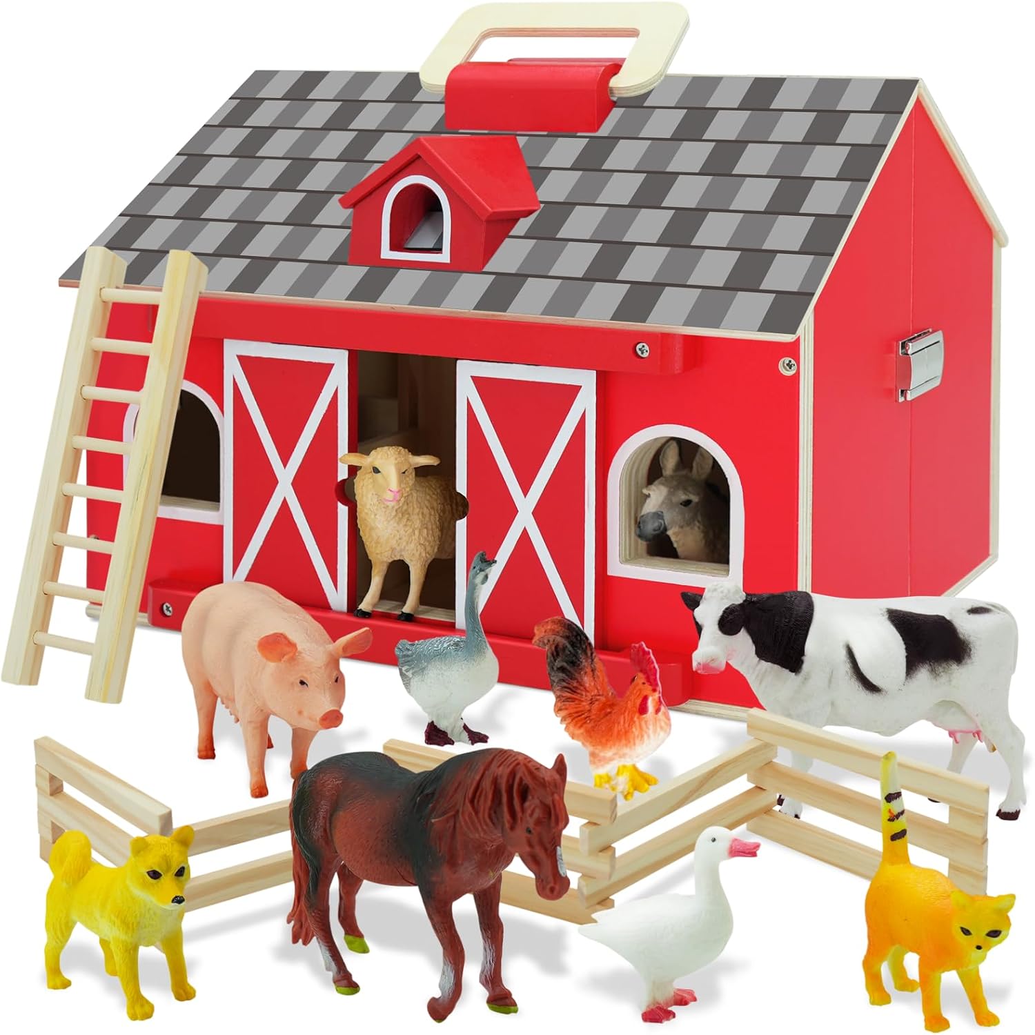 Farm Animal Toys with Portable Large Wooden Barn for Kids 3+ Years Old, 10 PCS Farm Animal Figures for Boys, Girls, Animal Lovers, Ideal Gift for Kids Toddlers, Improve Fine Motor Skills