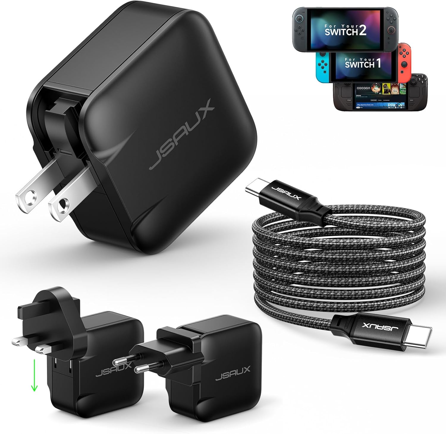 JSAUX 65W USB C Charger for Nintendo Switch 2, Powers in TV Mode, with EU/UK Plugs & 6.6FT Cable, GaN PD Fast Charging for Steam Deck, ROG Ally, Galaxy, Pixel, iPhone 15/16, Tablet & Laptop – Black