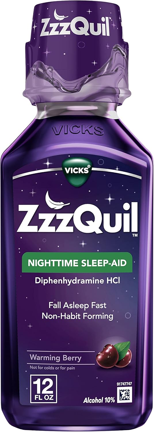ZzzQuil, Sleep Aid, Nighttime Sleep Aid Liquid, 50 mg Diphenhydramine HCl, Fall Asleep Fast, Non-Habit Forming, Warming Berry Flavor, 12 FL OZ
