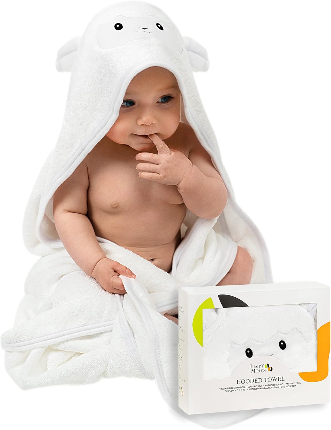 JM Premium Soft Hypoallergenic Baby Hooded Towel - 100% Organic Bamboo Baby Towels Newborn, Baby Bath Set - 35x35 inches, Cute Designs, Newborns to Kids Up to 5 Years - Lamb